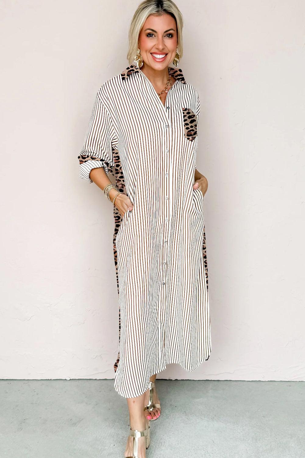 Brown Stripe Contrast Leopard Patchwork Shirt Dress