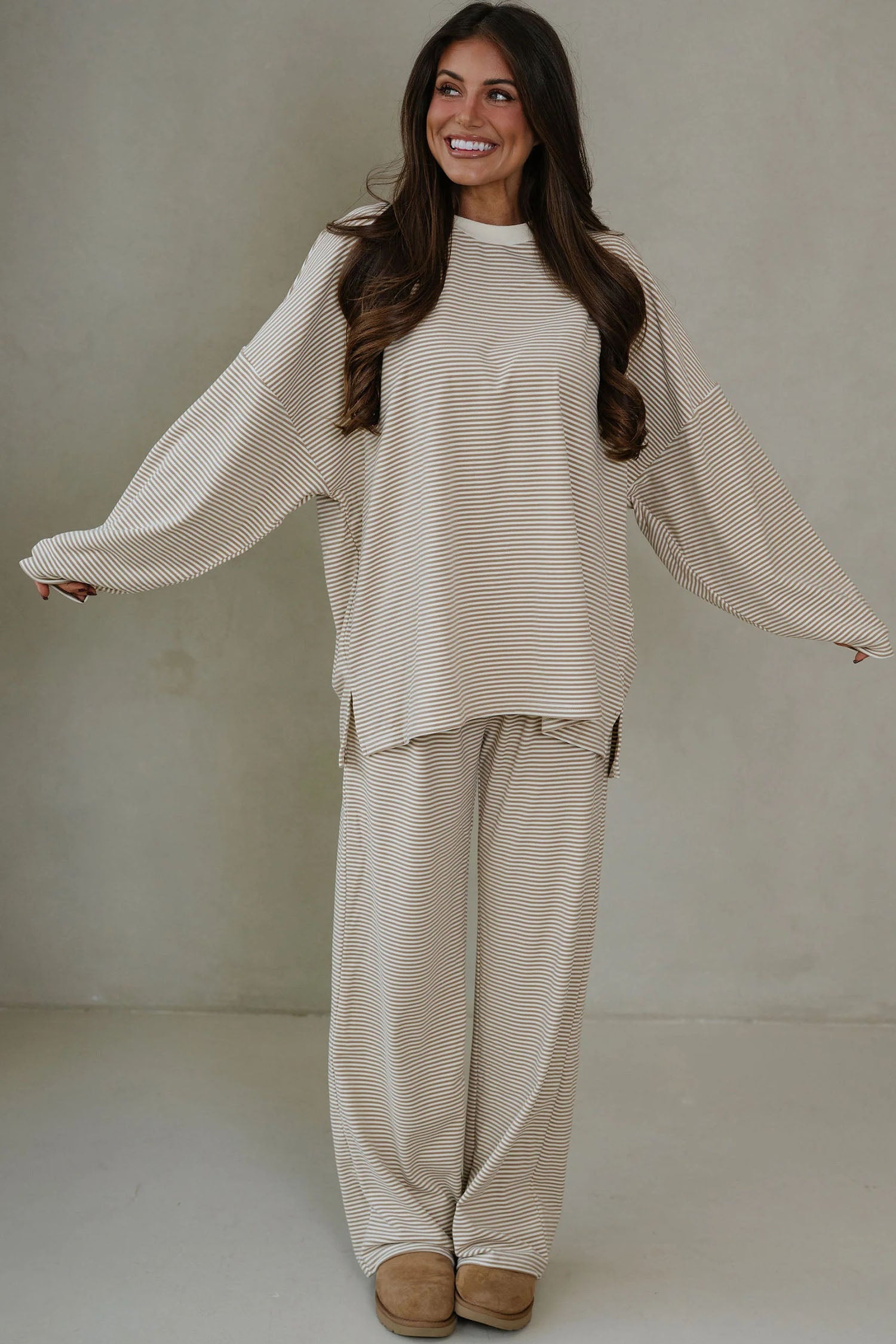 Pink Striped Drop Shoulder Long Sleeve Pant Set