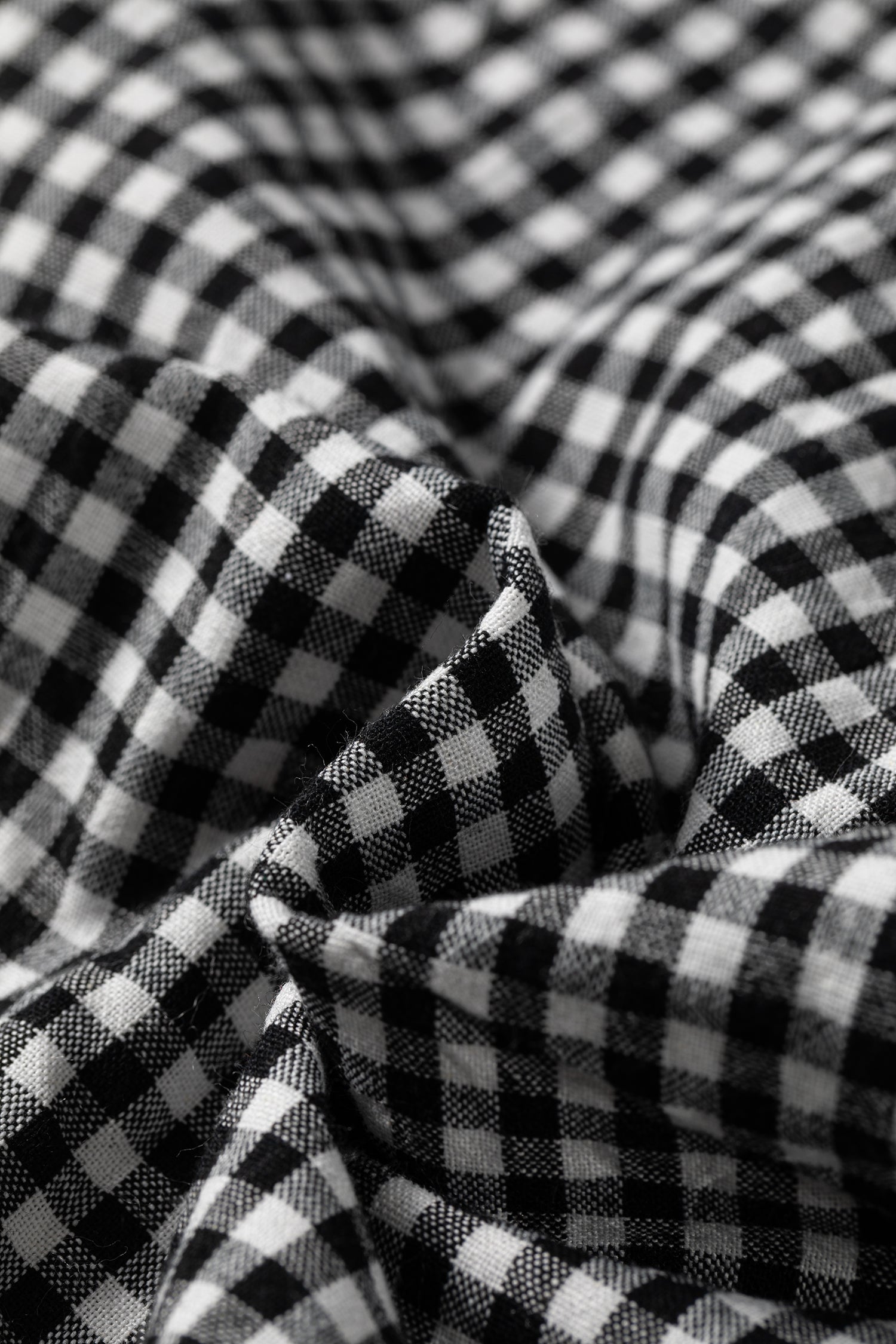 Black Plaid Shirred Cuff Long Sleeve Round Neck Blouse