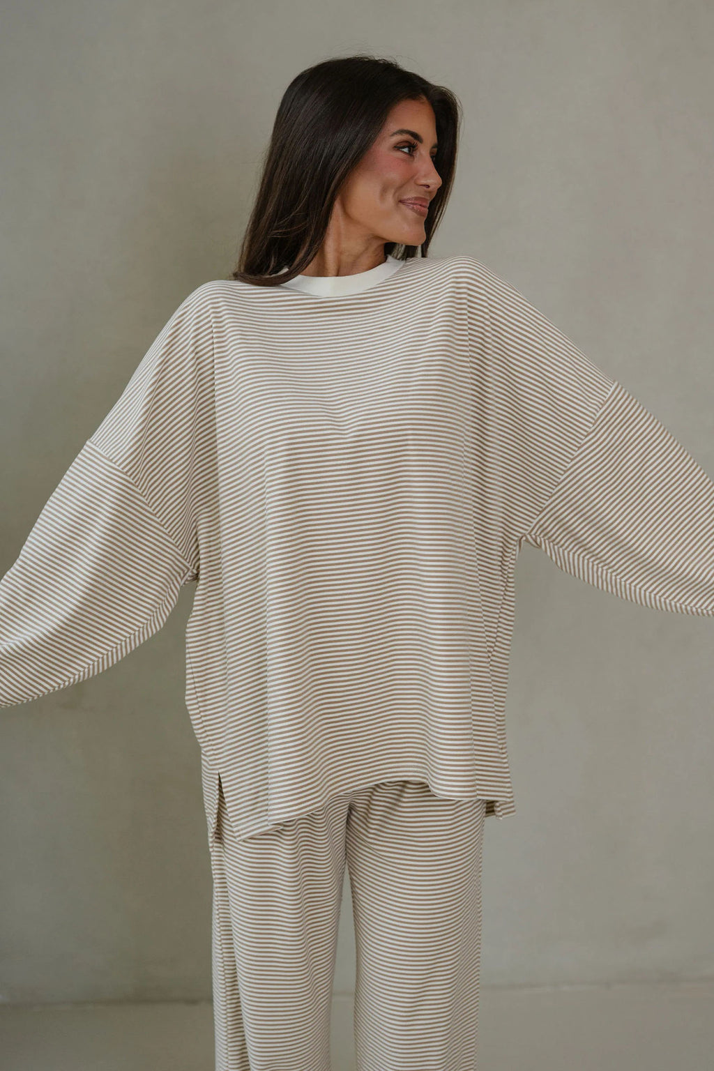 Pink Striped Drop Shoulder Long Sleeve Pant Set