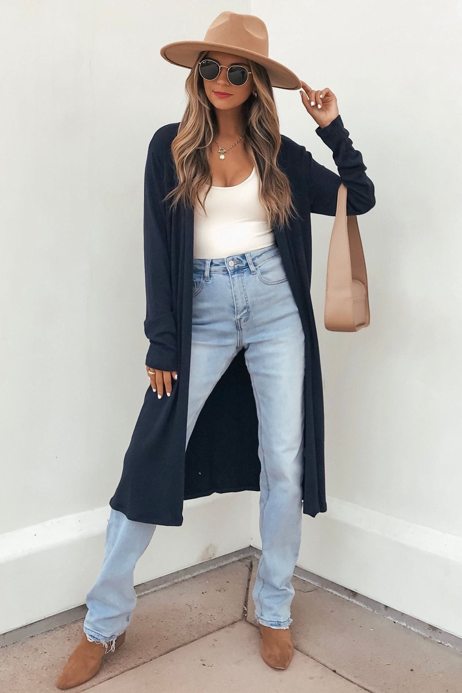 Dirty blue Solid Color Long Sleeve Casual Tunic Shift Cardigan