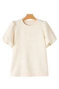 Oatmeal Solid Color Textured Puff Sleeve T-shirt