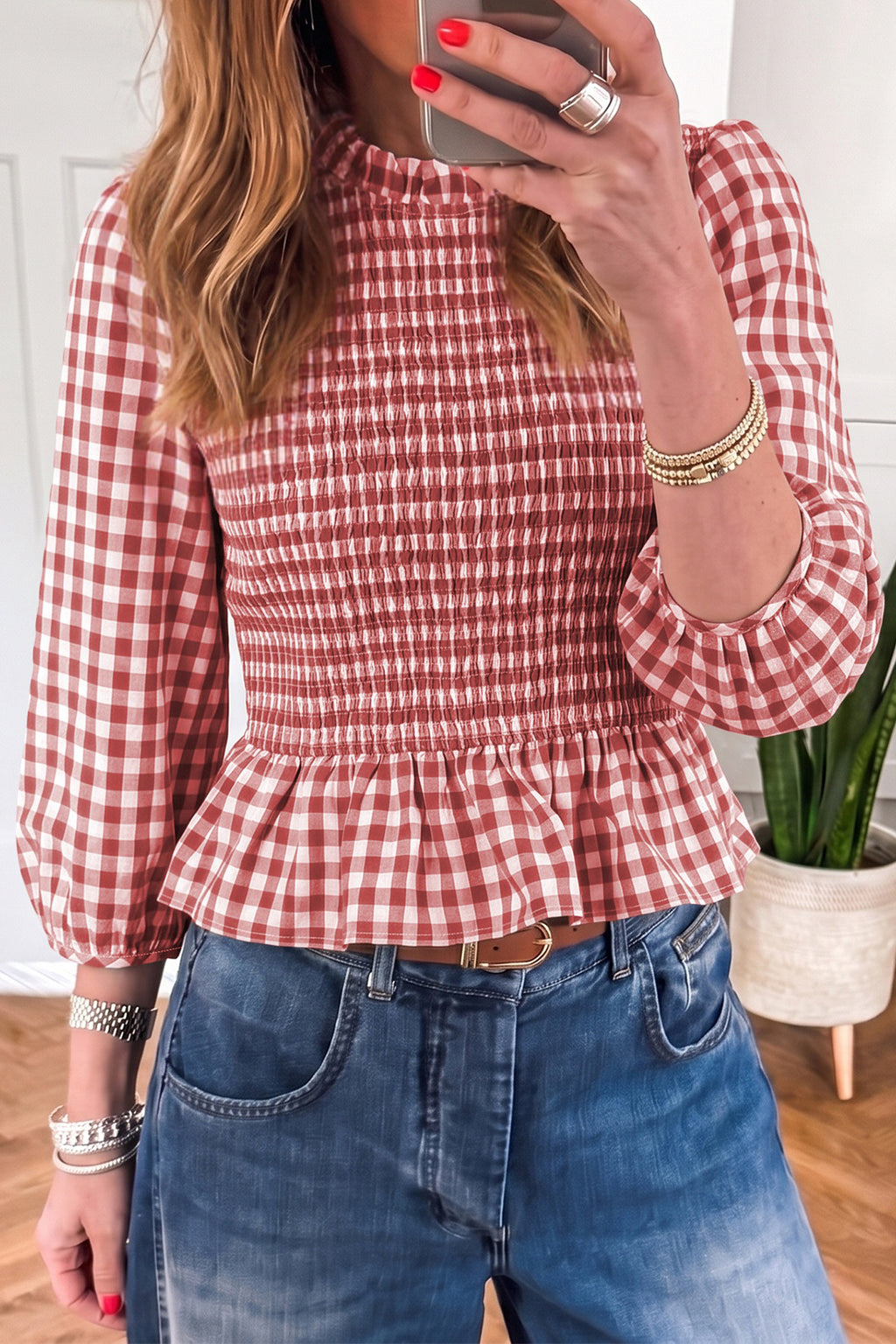 Brown 3/4 Sleeve Shirred Plaid Peplum Top