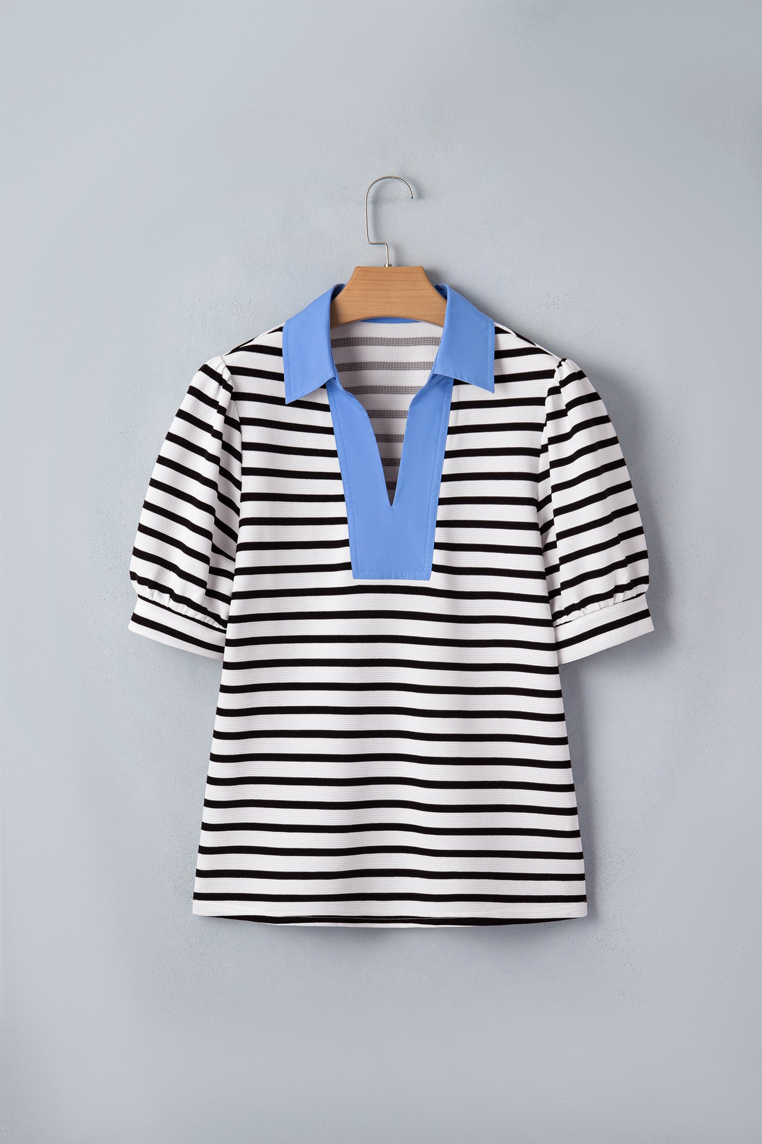 Blue Stripe Short Puff Sleeve Color Block Polo Collar Blouse