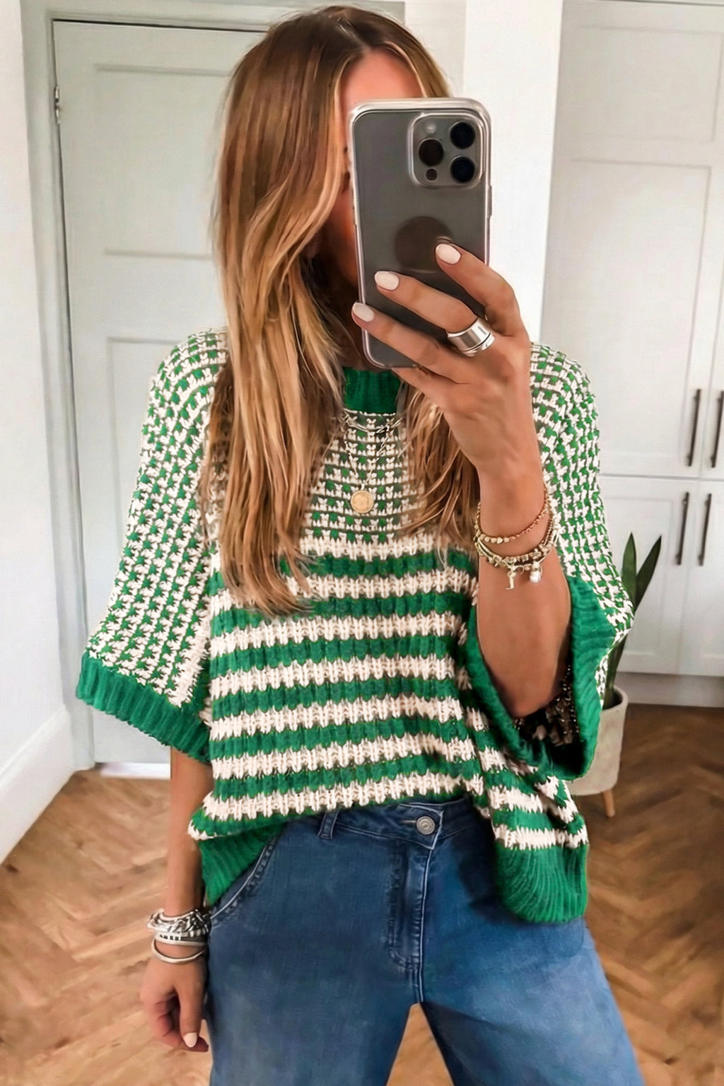 Red Stripe 3/4 Draped Sleeve Slouchy Sweater