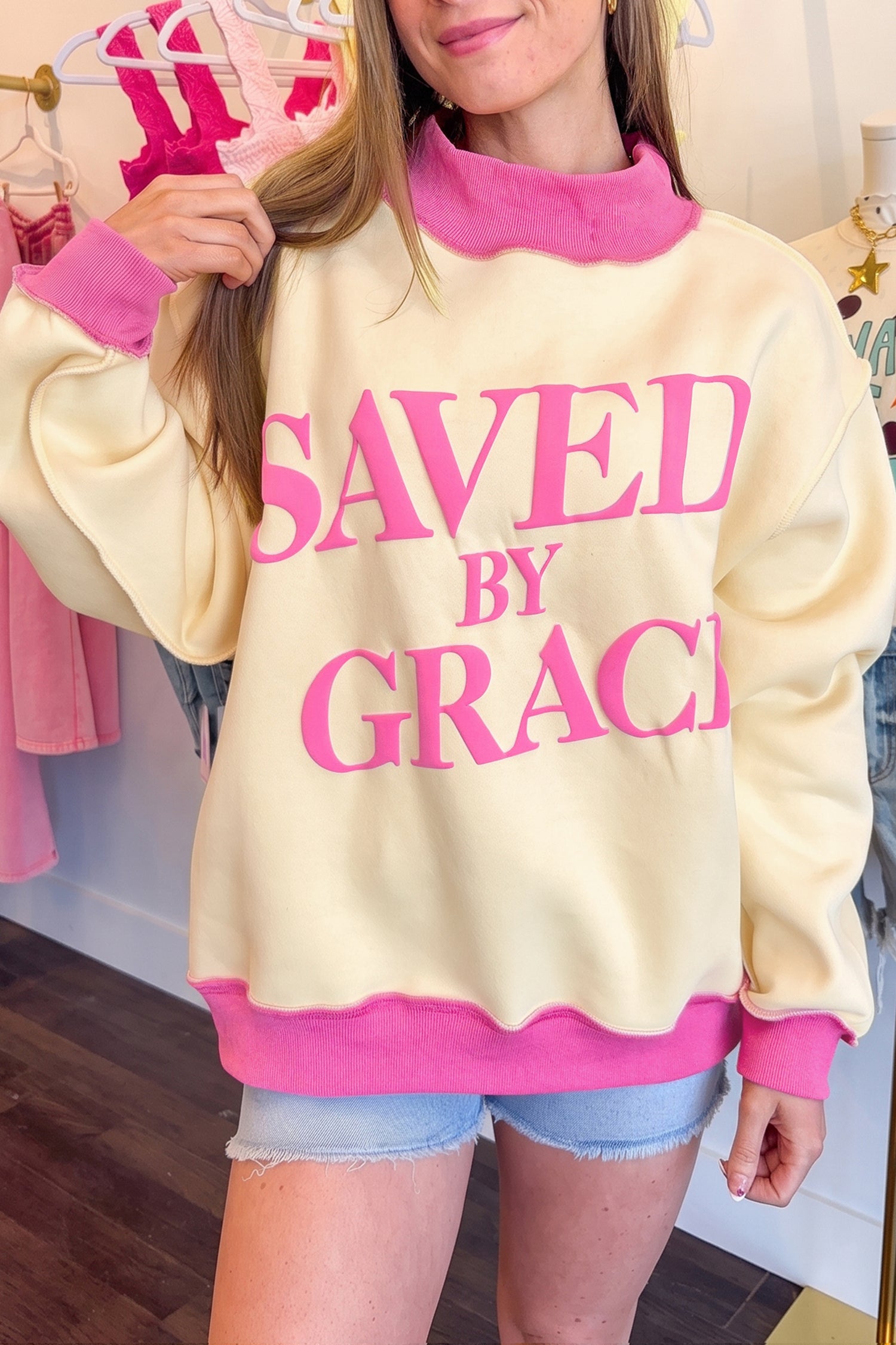 Beige Saved By Grace Print Color Block Mock Neck Oversized Sweatshirt