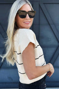 White Stripe Short Sleeve Button Front Shift Cardigan