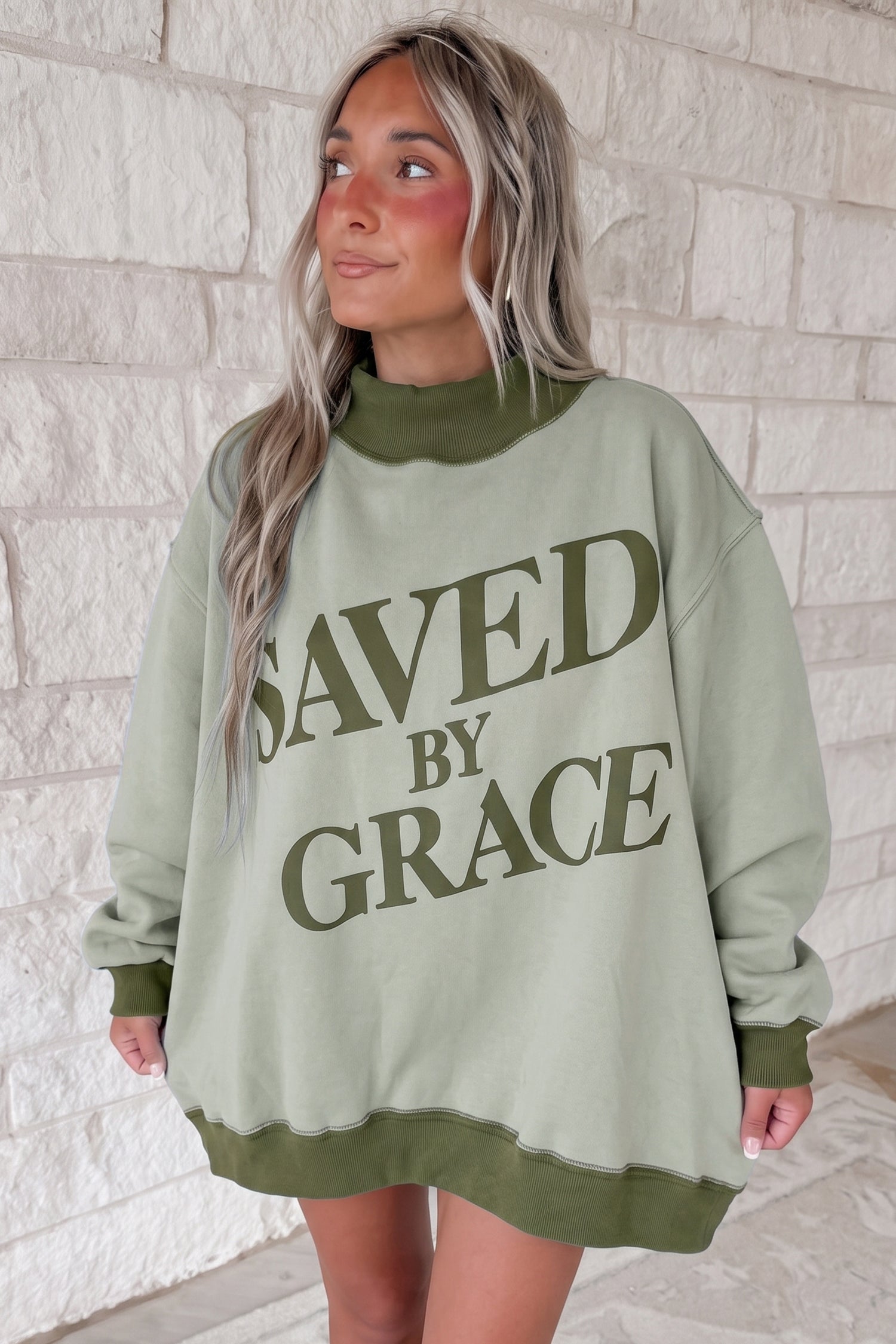 Beige Saved By Grace Print Color Block Mock Neck Oversized Sweatshirt