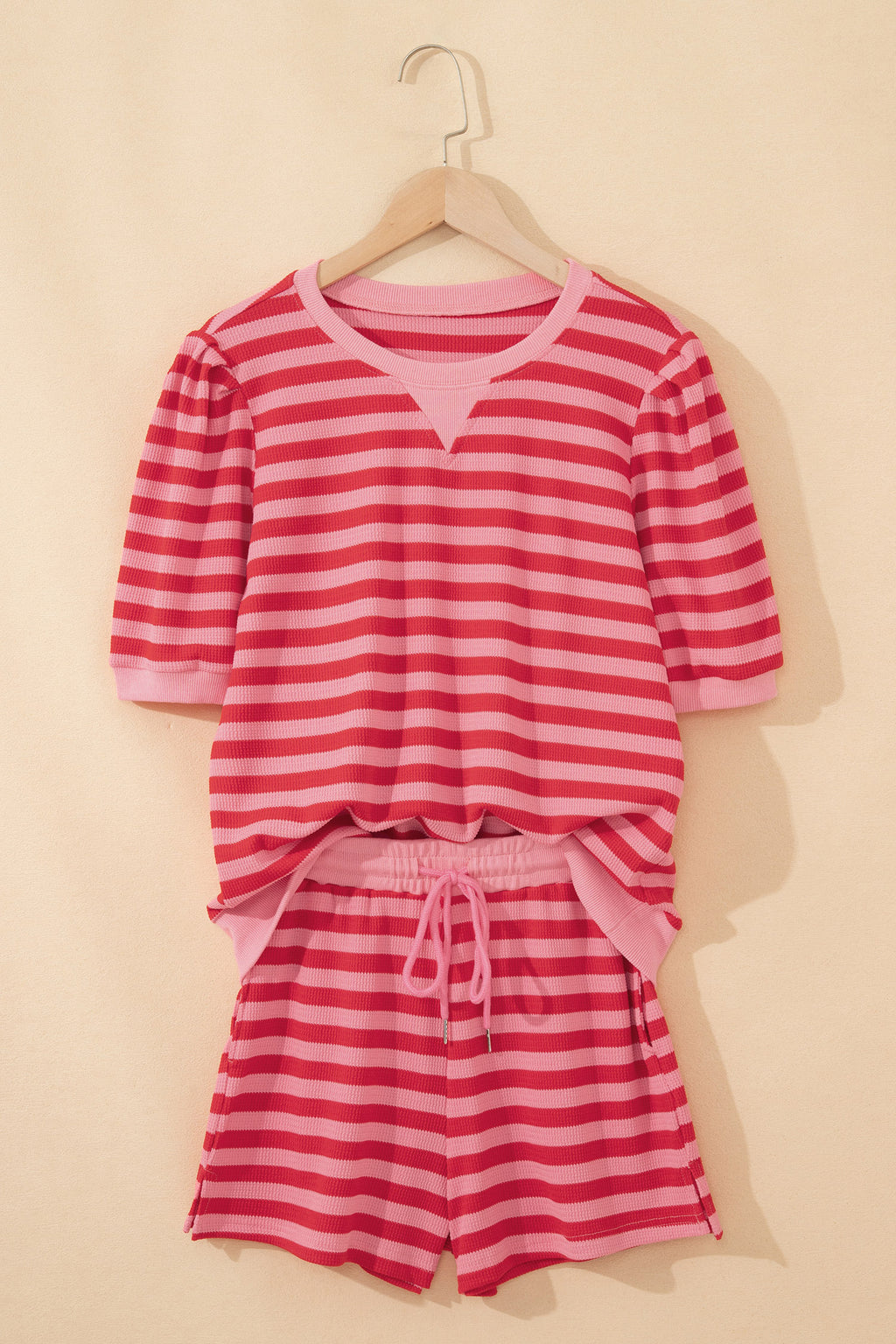 Green Stripe Puff Short Sleeve T Shirt Matching Shorts Set