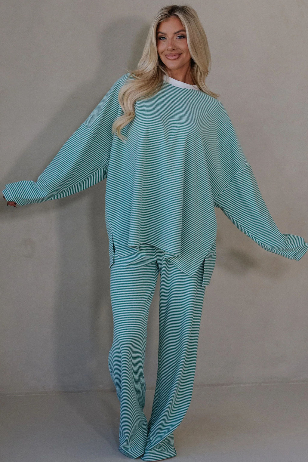 Pink Striped Drop Shoulder Long Sleeve Pant Set