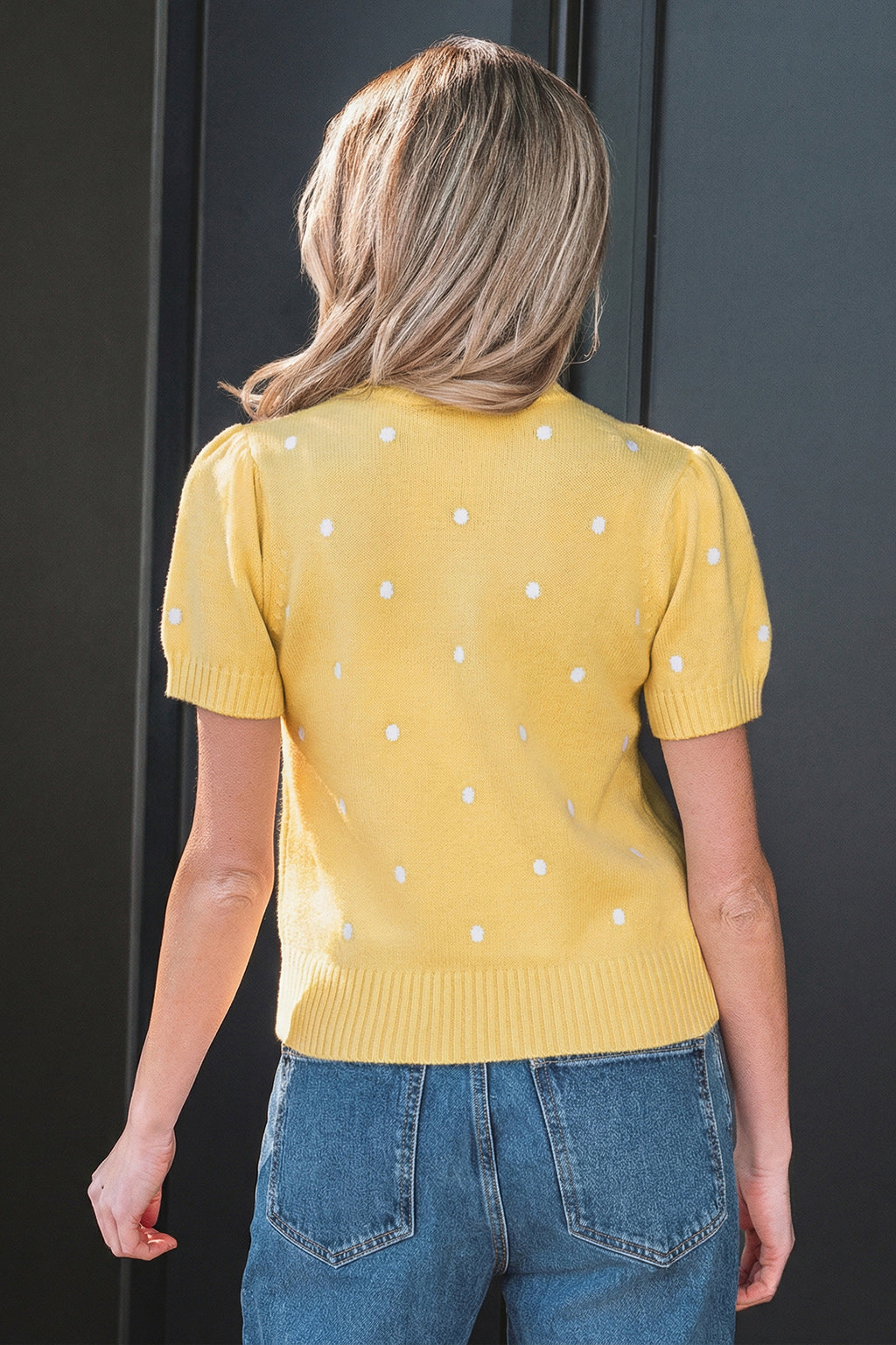 White Elegant Polka Dot Bubble Short Sleeve Sweater