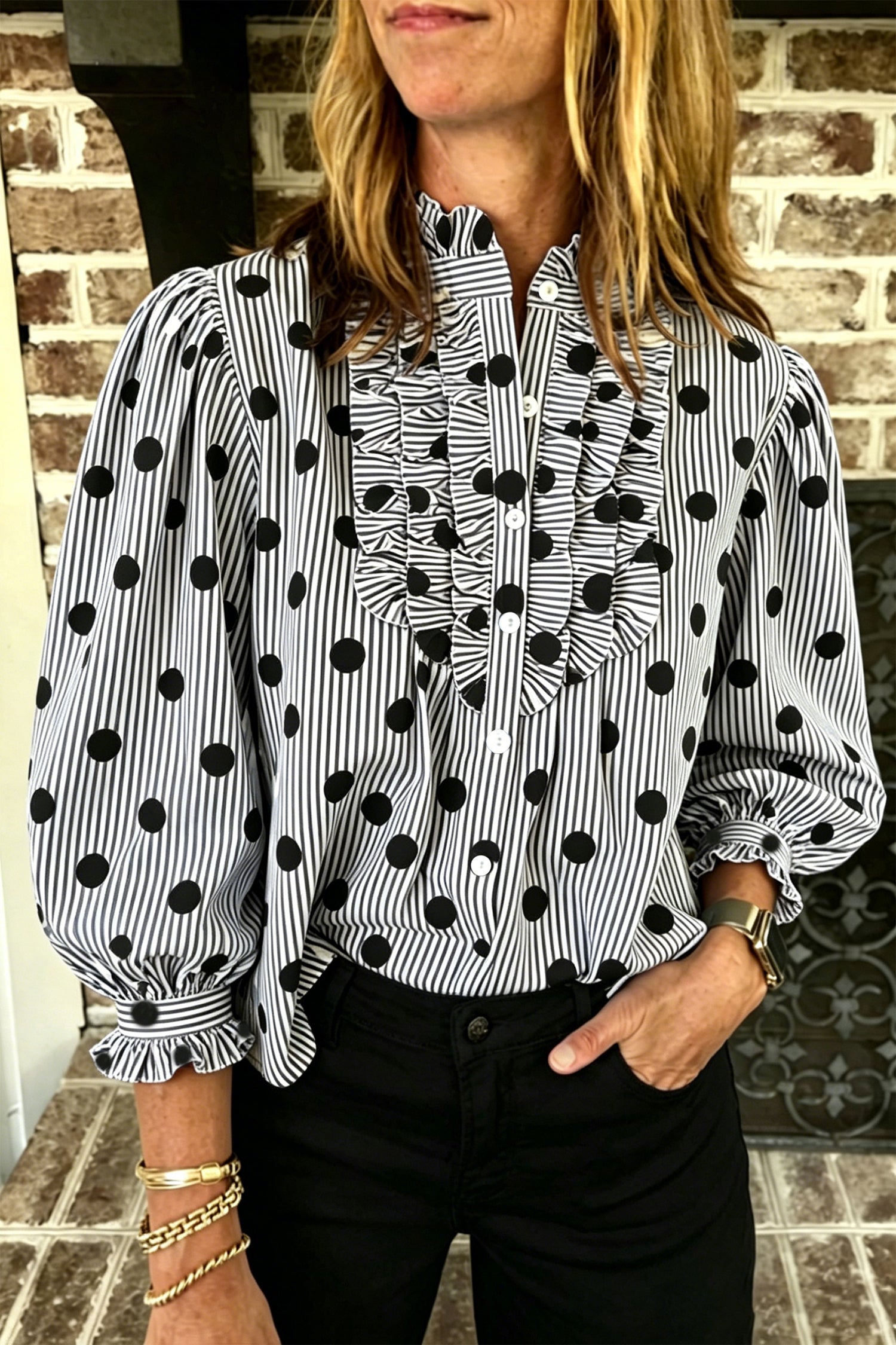 Black white Polka Dot Striped Print Ruffle Stand Neck 3/4 Sleeve Shift Shirt