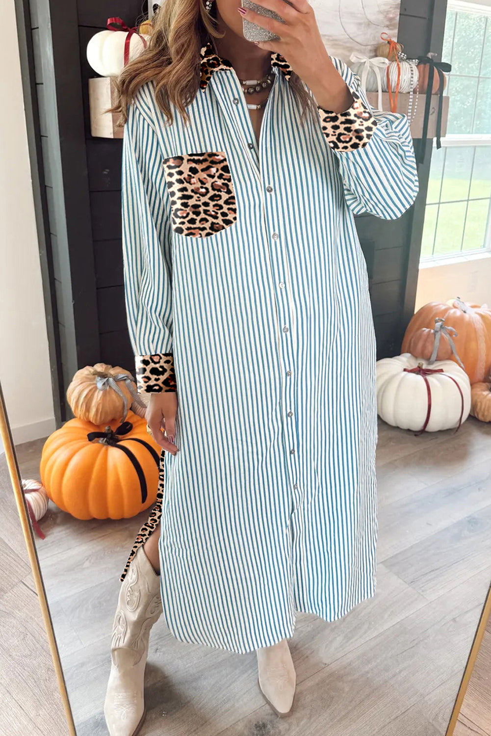Brown Stripe Contrast Leopard Patchwork Shirt Dress