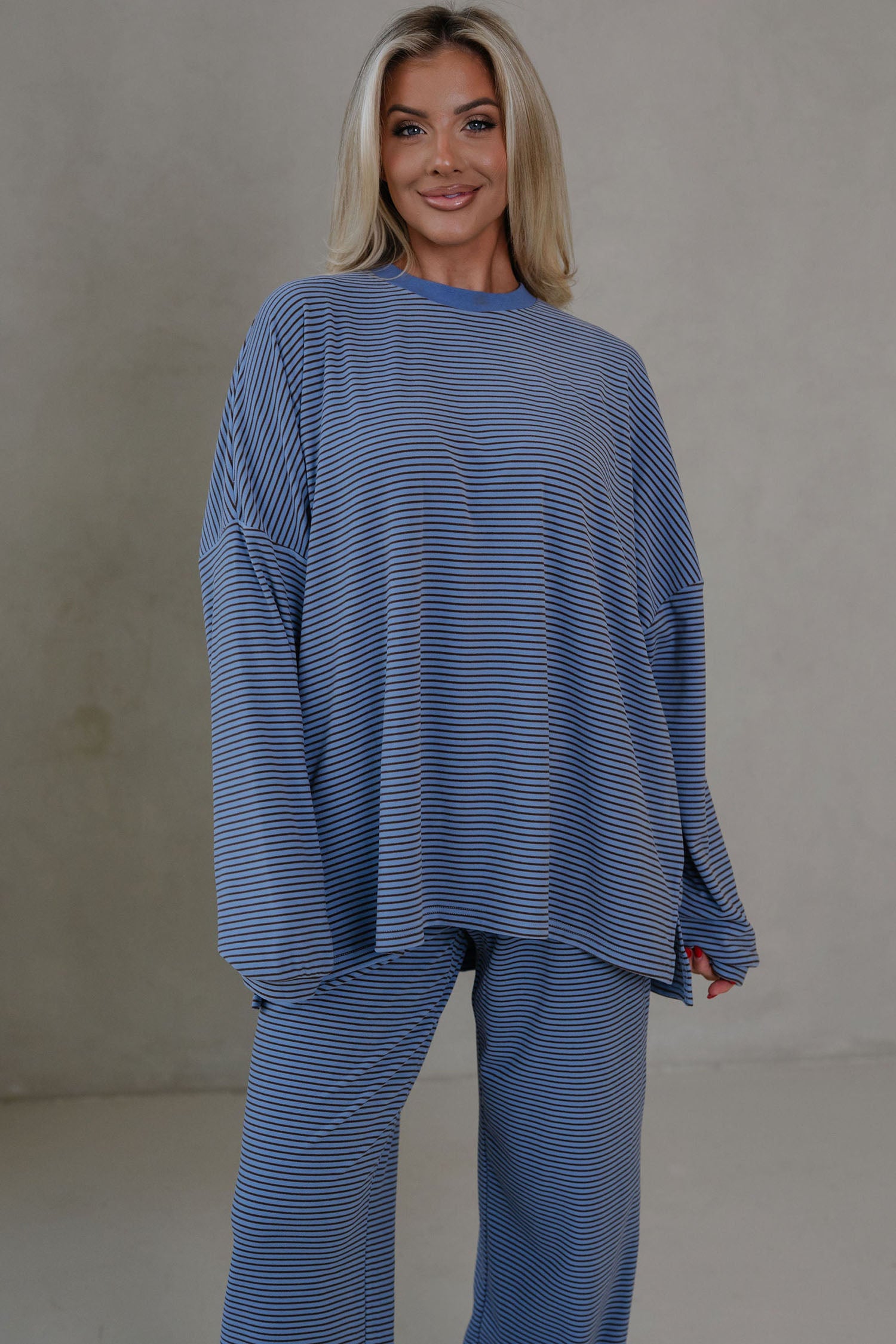 Pink Striped Drop Shoulder Long Sleeve Pant Set