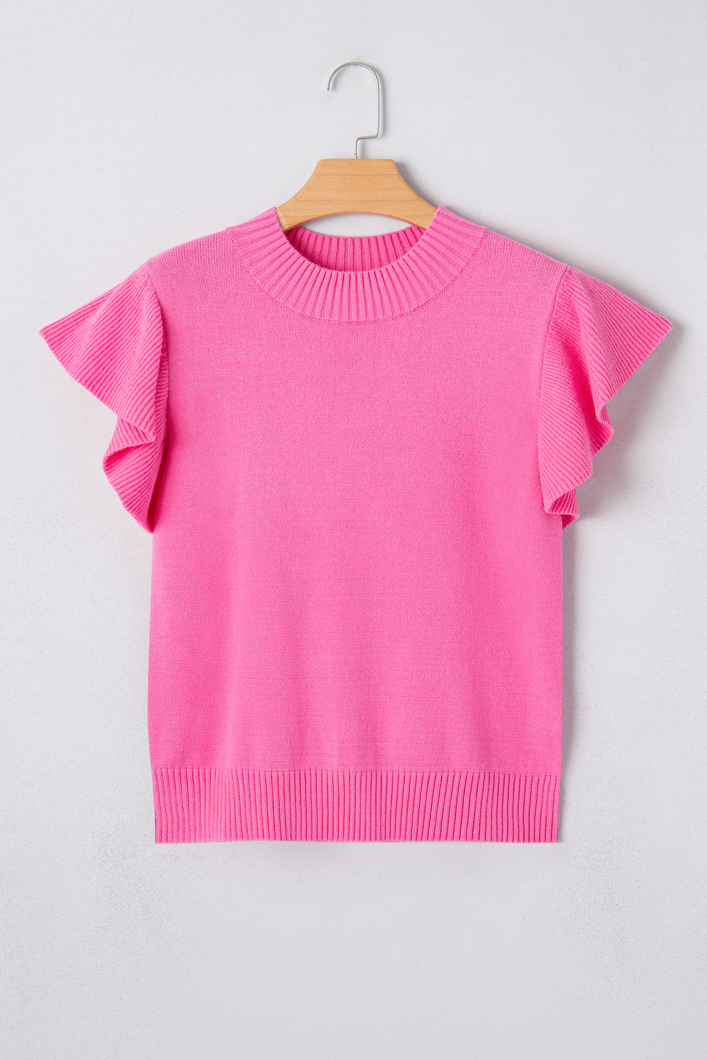 Bright Green Solid Color Ribbed Trim Round Neck Ruffle Short Sleeve Sweater