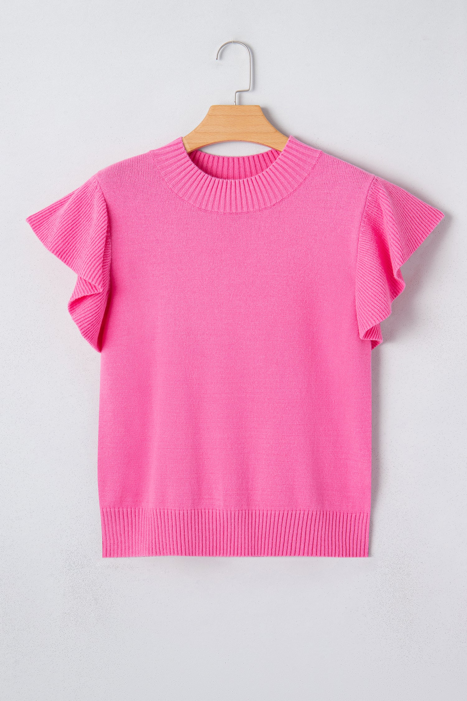 Bright Green Solid Color Ribbed Trim Round Neck Ruffle Short Sleeve Sweater