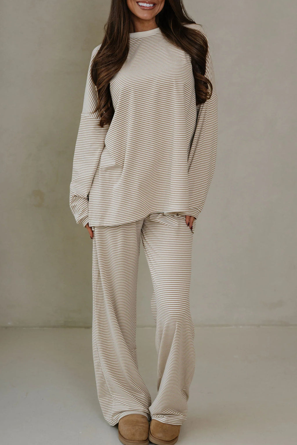 Pink Striped Drop Shoulder Long Sleeve Pant Set