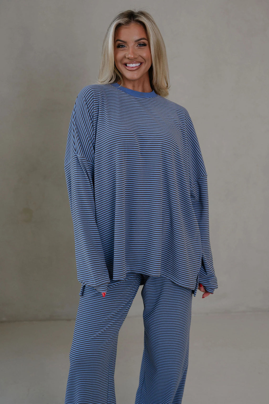 Pink Striped Drop Shoulder Long Sleeve Pant Set