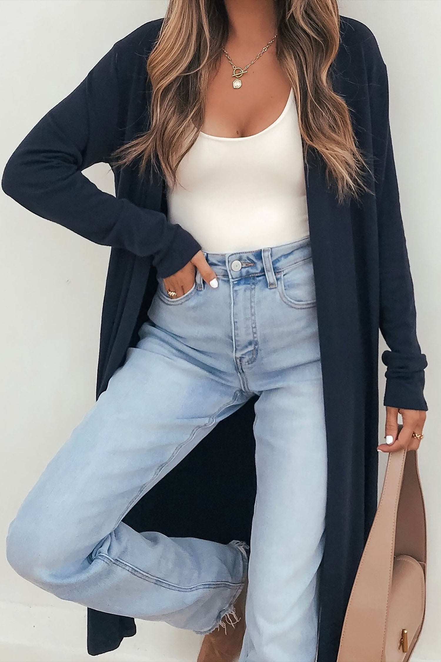 Dirty blue Solid Color Long Sleeve Casual Tunic Shift Cardigan