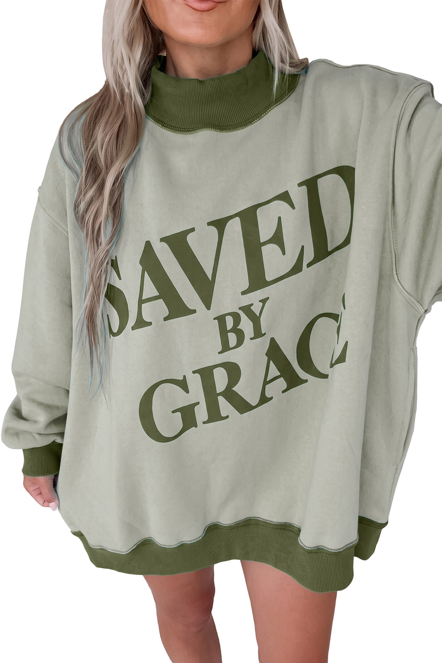 Beige Saved By Grace Print Color Block Mock Neck Oversized Sweatshirt