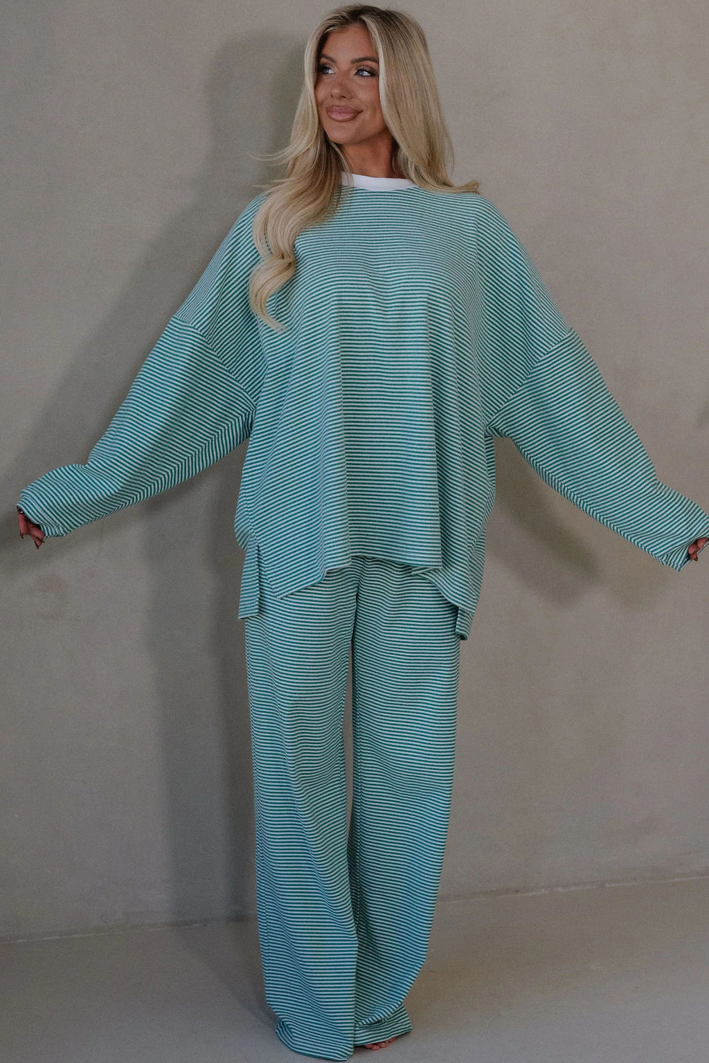 Pink Striped Drop Shoulder Long Sleeve Pant Set