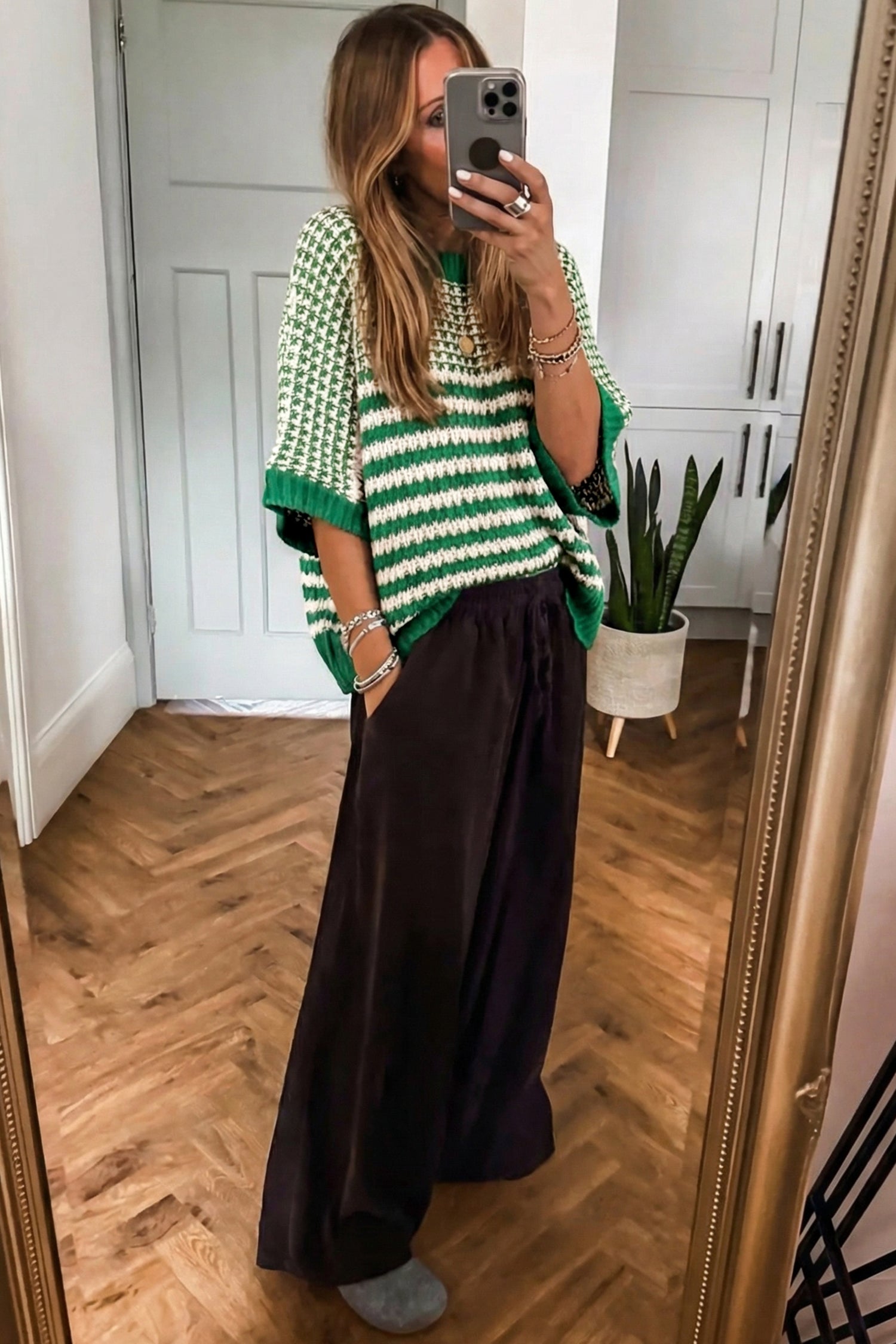 Red Stripe 3/4 Draped Sleeve Slouchy Sweater