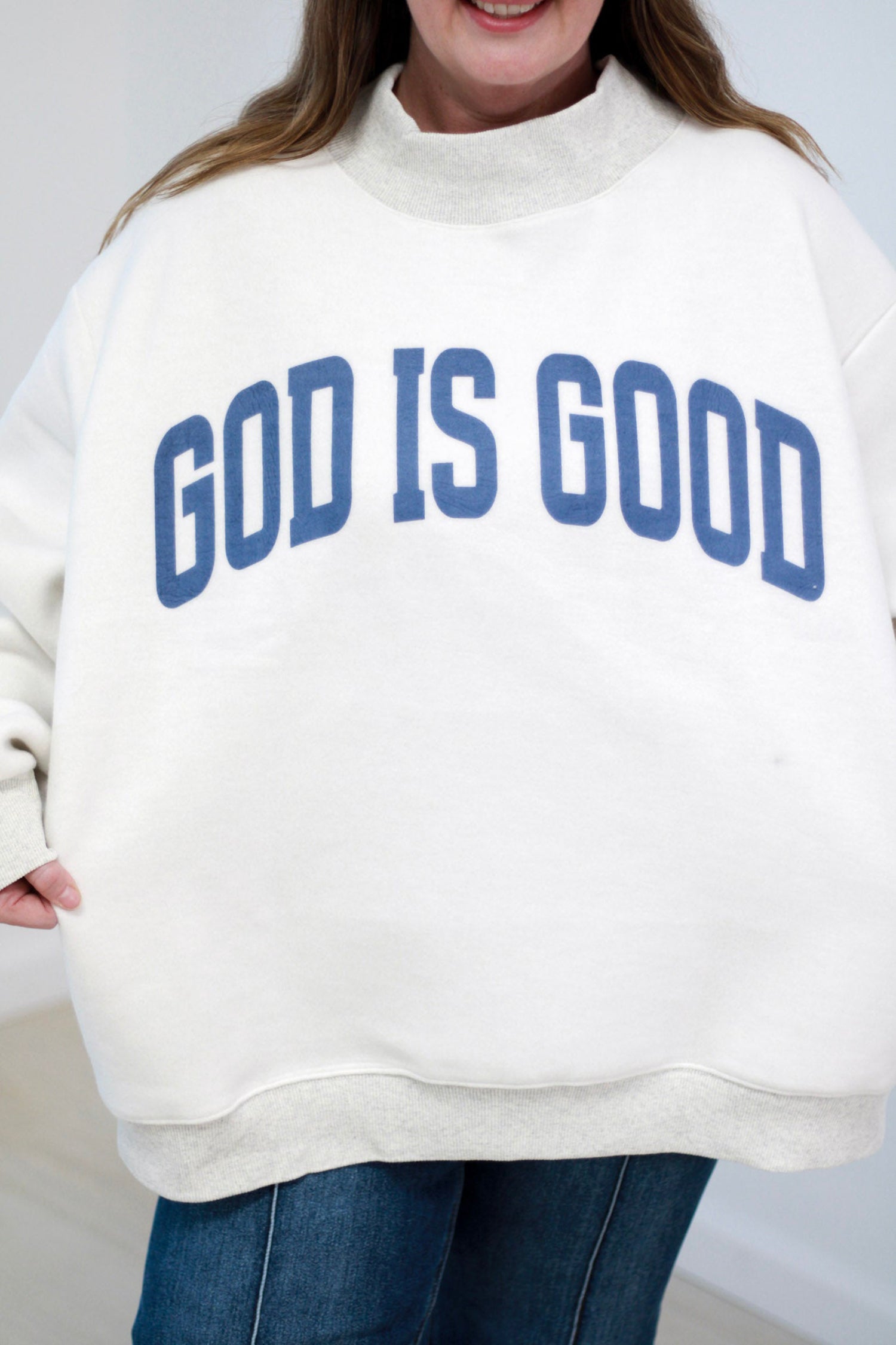 Yellow Jesus Slogan Stand Neck Long Sleeve Oversized Tunic Plus Size Sweatshirt