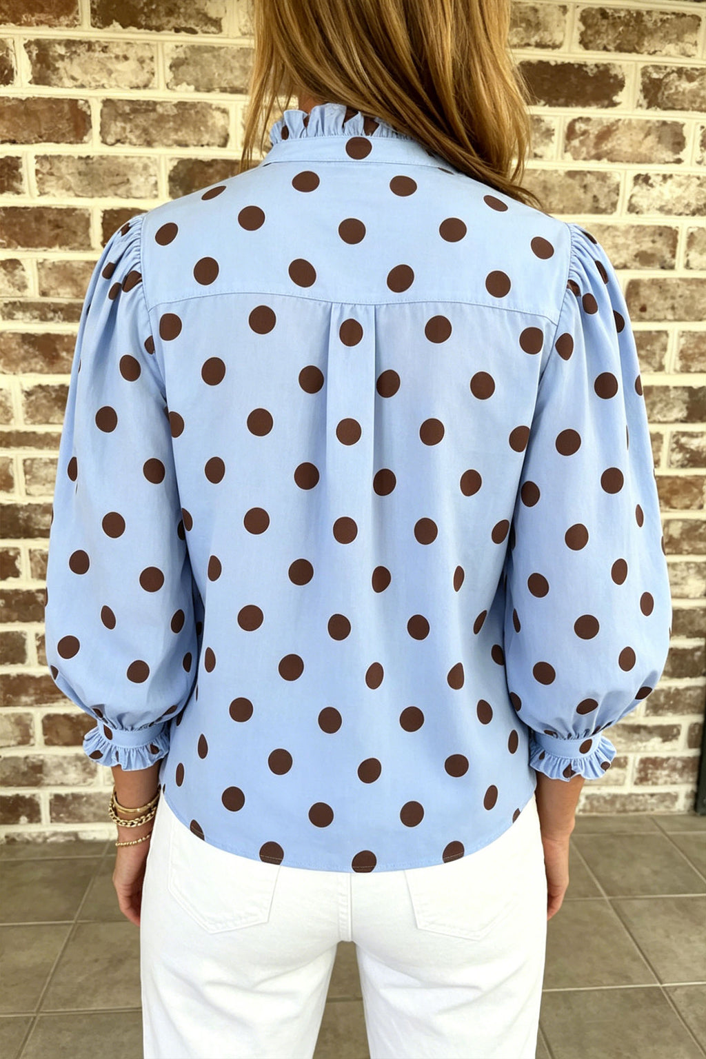 Black white Polka Dot Striped Print Ruffle Stand Neck 3/4 Sleeve Shift Shirt