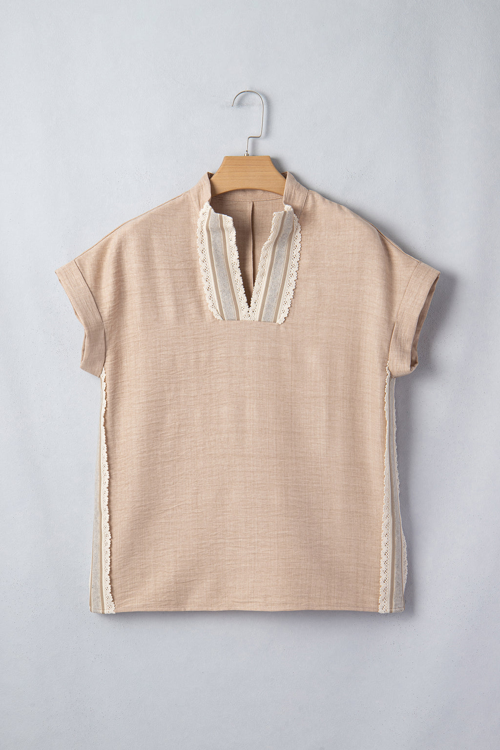 Beau Blue Crochet Lace Accent Pullover Rolled Short Sleeve Blouse