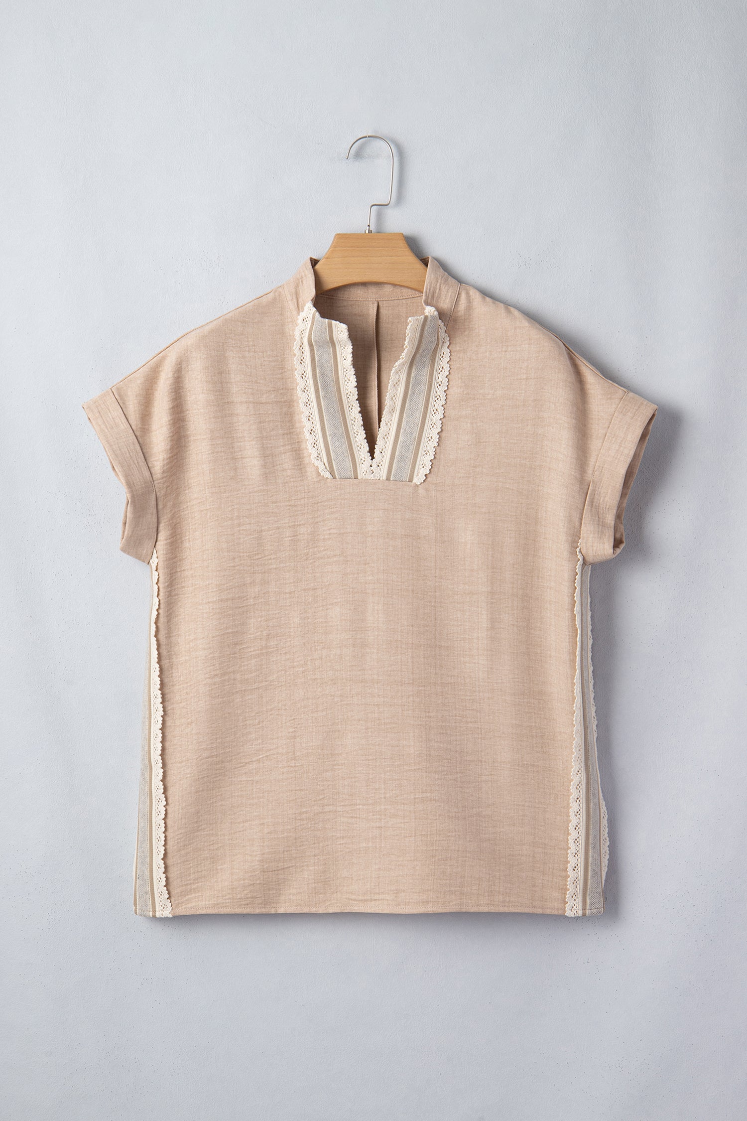 Beau Blue Crochet Lace Accent Pullover Rolled Short Sleeve Blouse