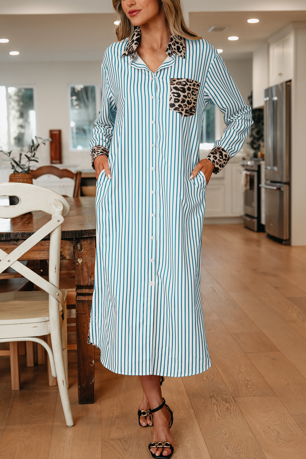 Brown Stripe Contrast Leopard Patchwork Shirt Dress