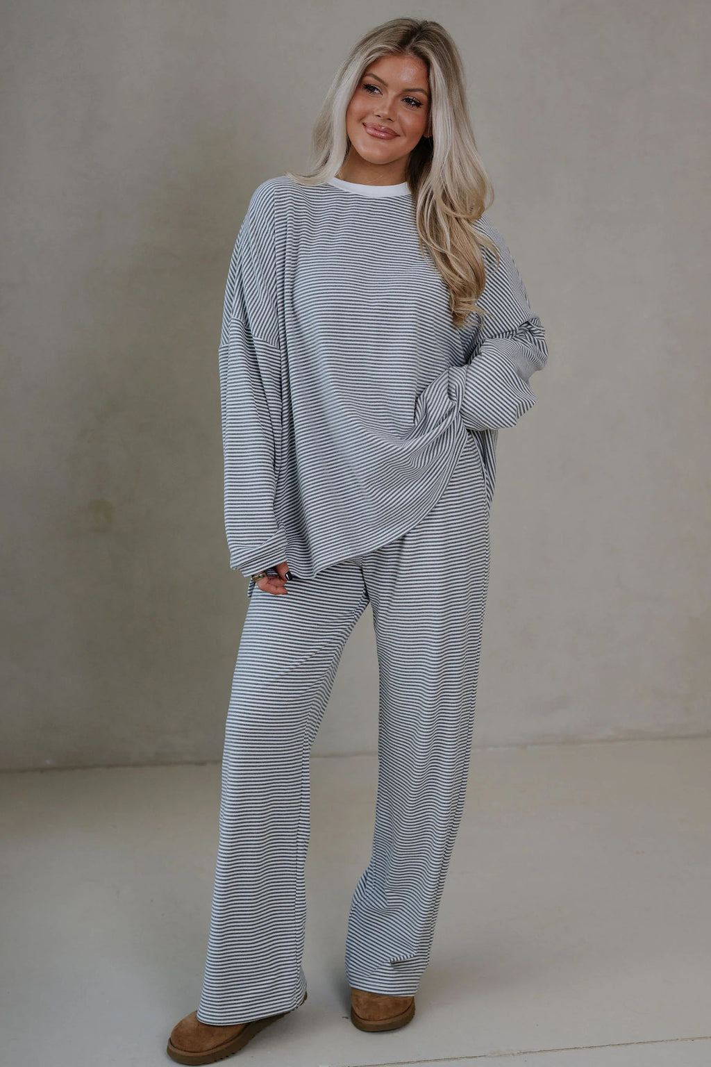 Pink Striped Drop Shoulder Long Sleeve Pant Set