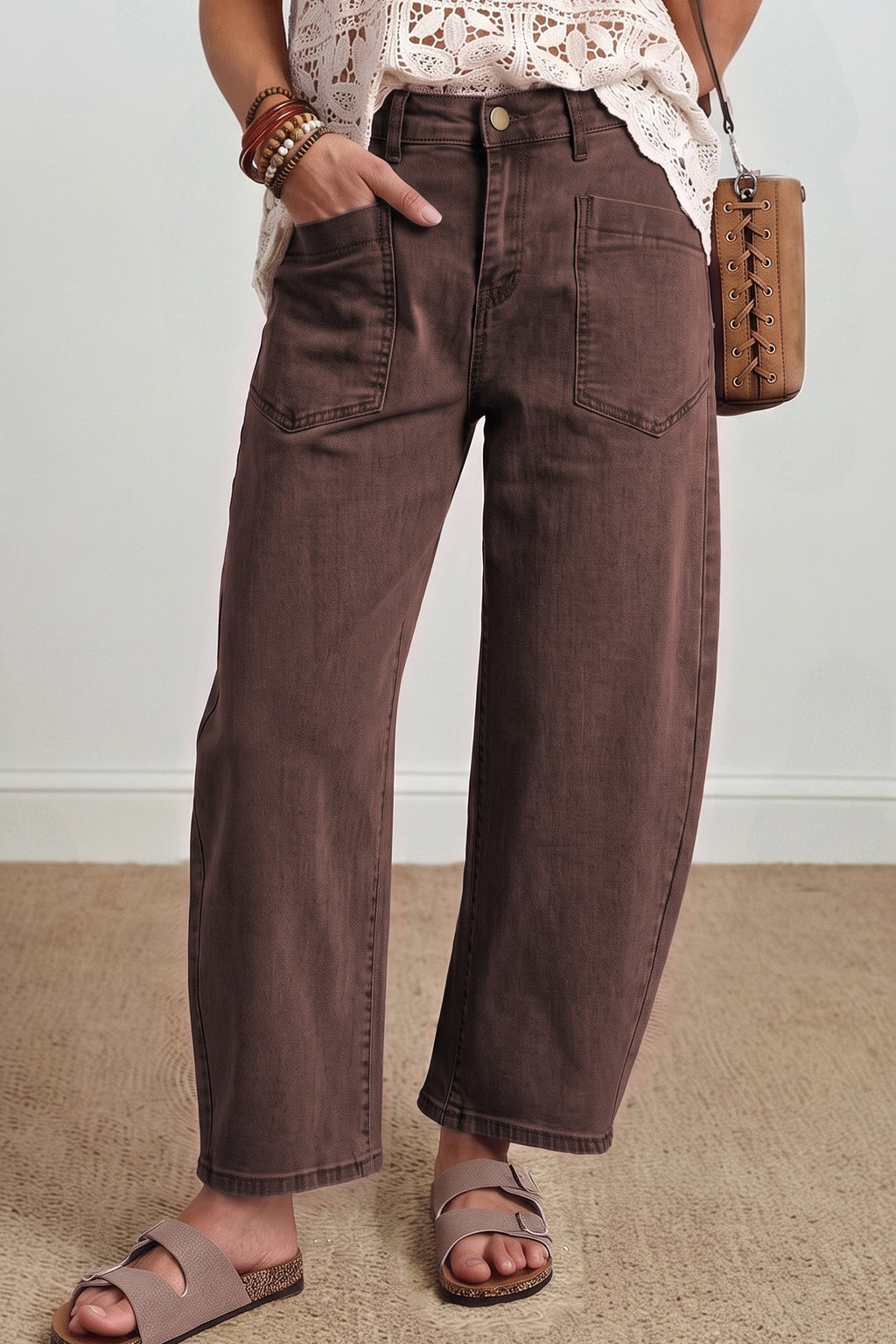 Four Leaf Clover Solid Color Square Patch Pocket Ankle-length Barrel Jeans