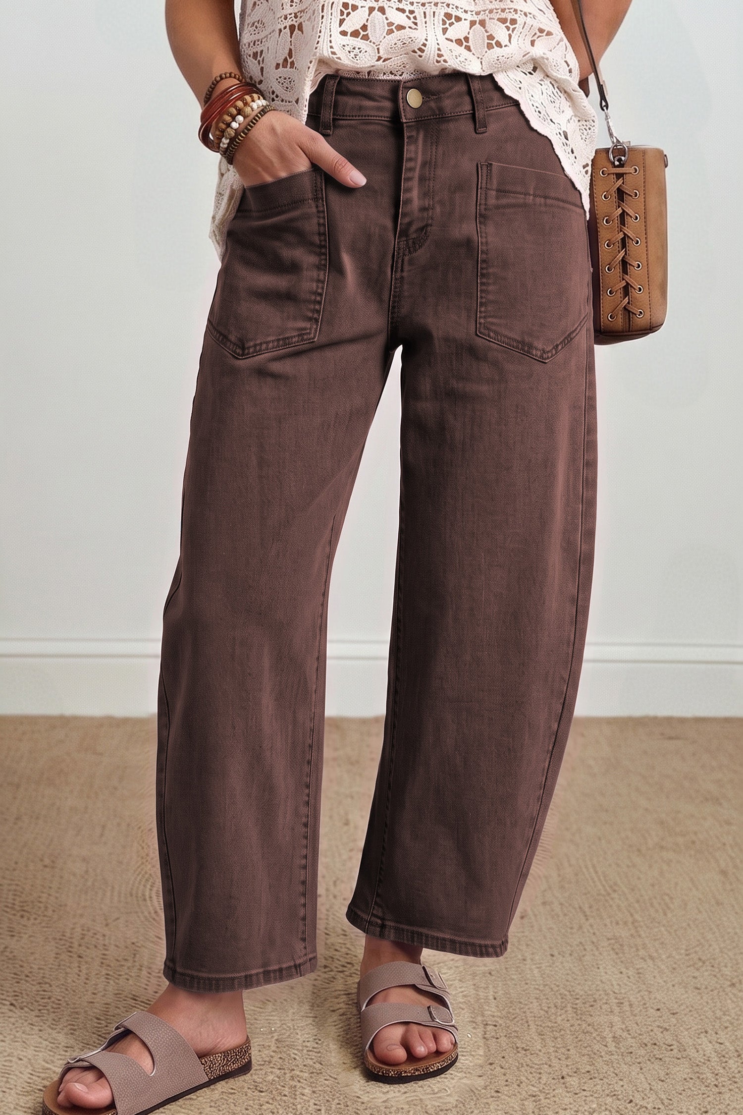 Four Leaf Clover Solid Color Square Patch Pocket Ankle-length Barrel Jeans