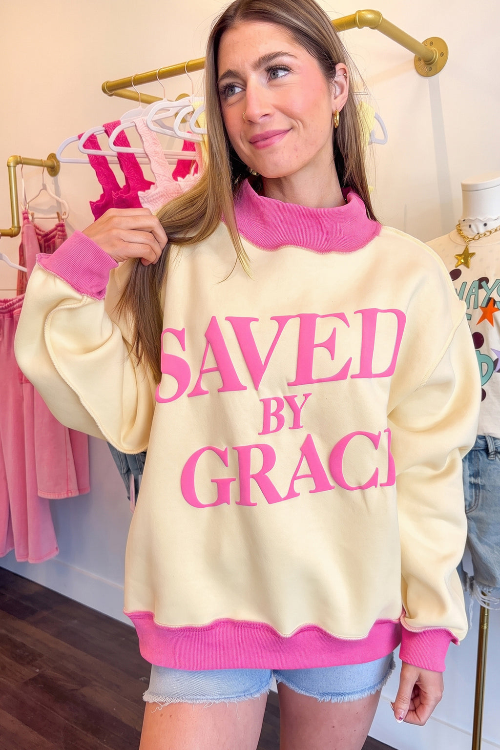 Beige Saved By Grace Print Color Block Mock Neck Oversized Sweatshirt