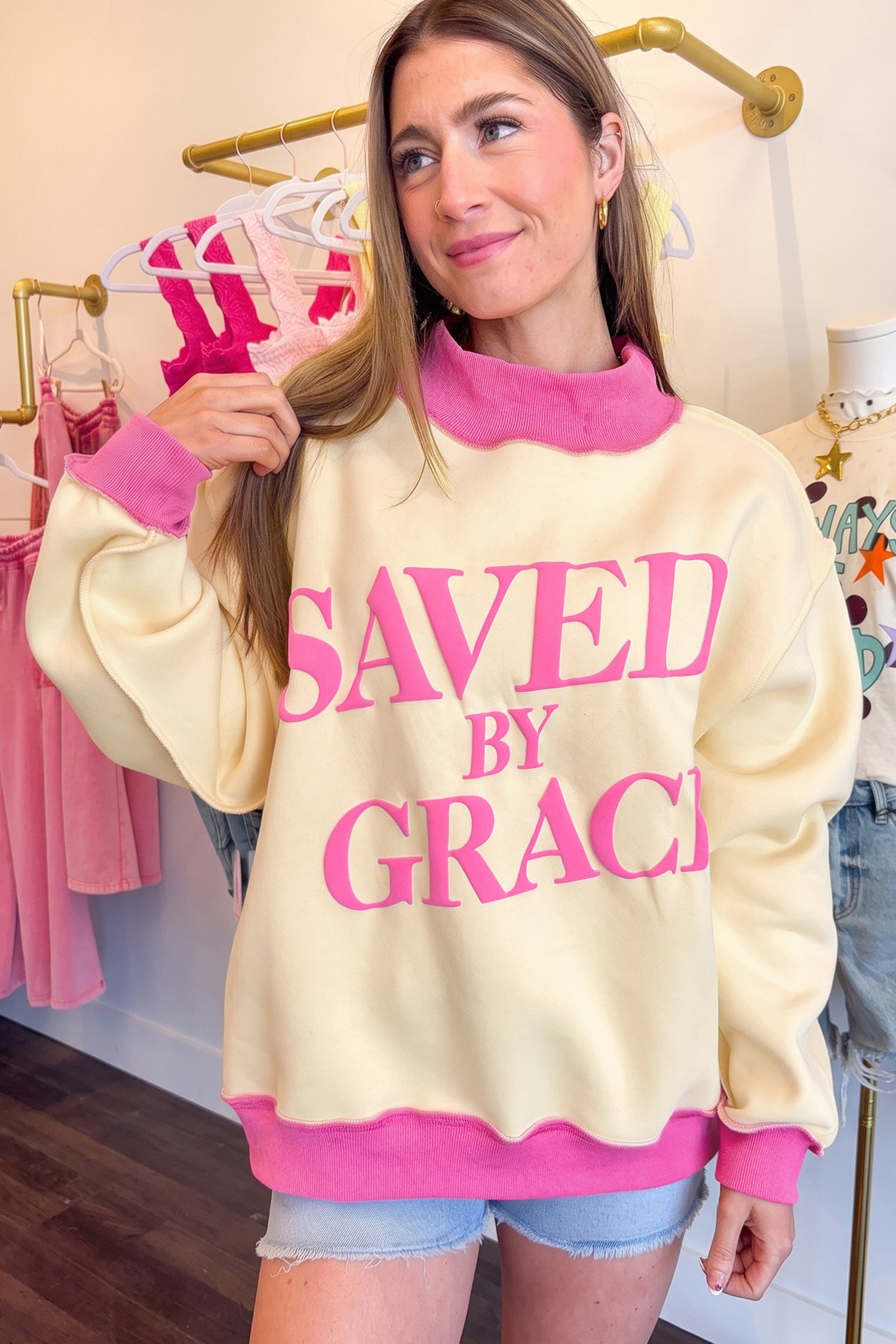 Beige Saved By Grace Print Color Block Mock Neck Oversized Sweatshirt