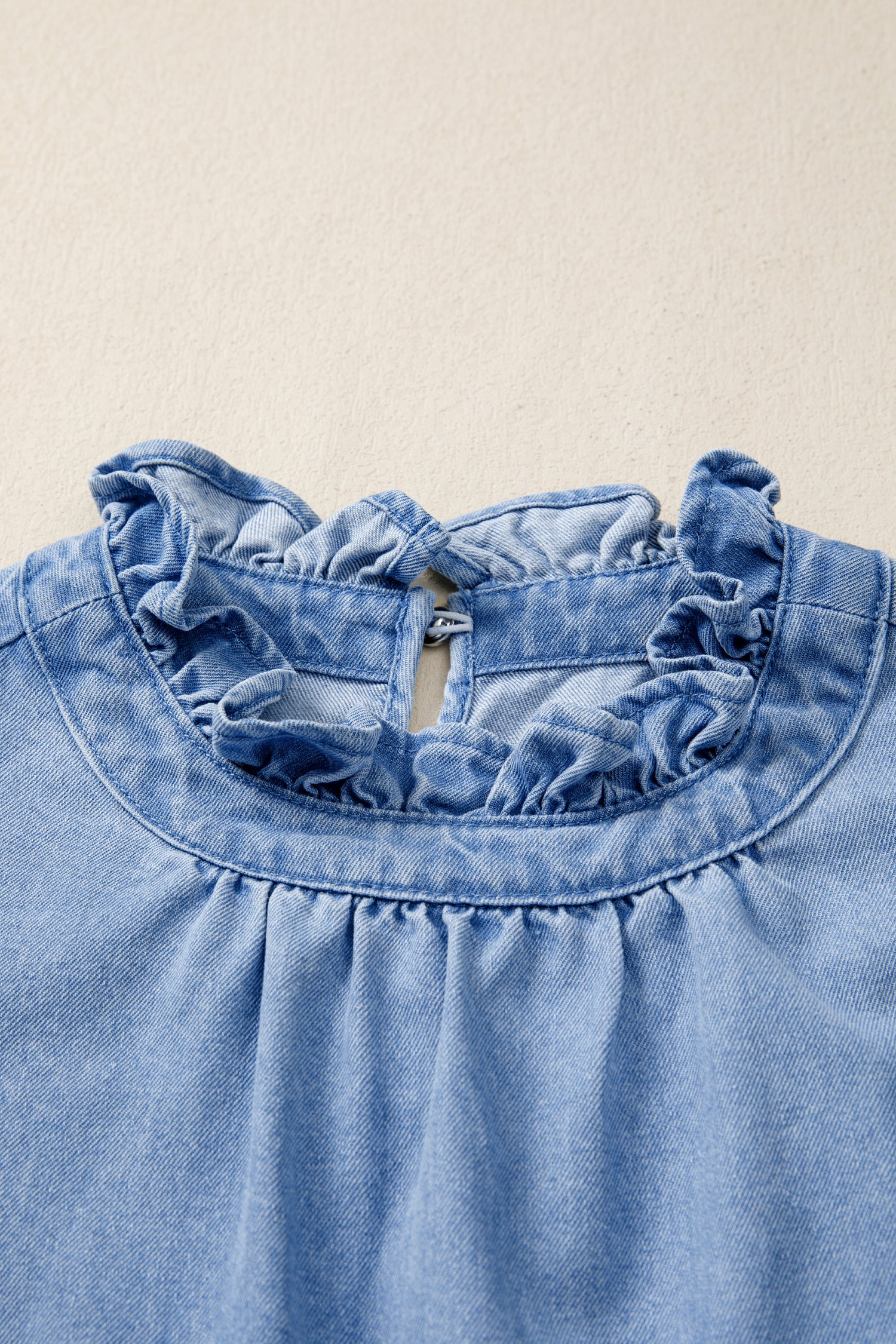 White Frilled Collar Flutter Sleeve Denim Top
