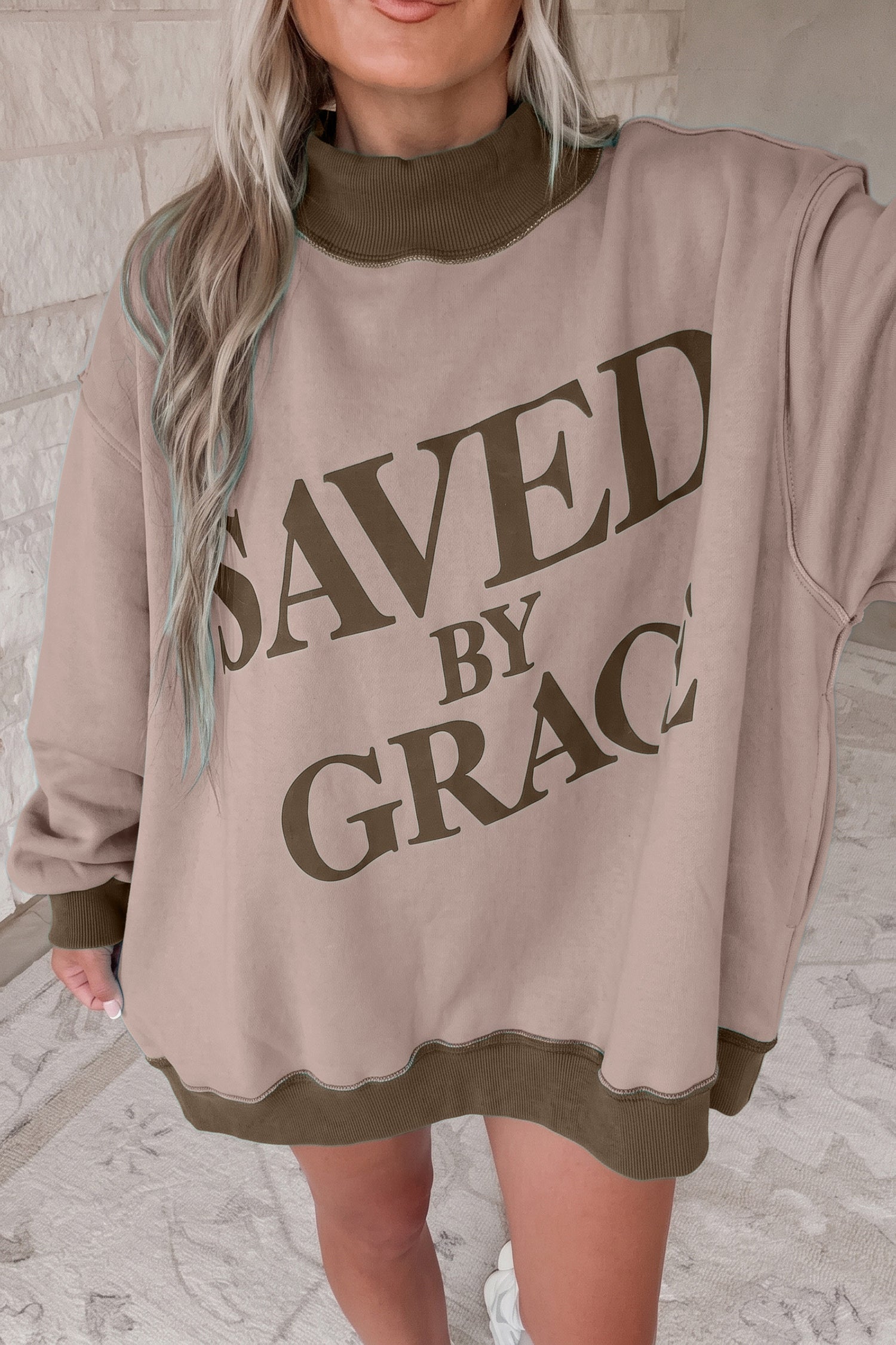 Beige Saved By Grace Print Color Block Mock Neck Oversized Sweatshirt