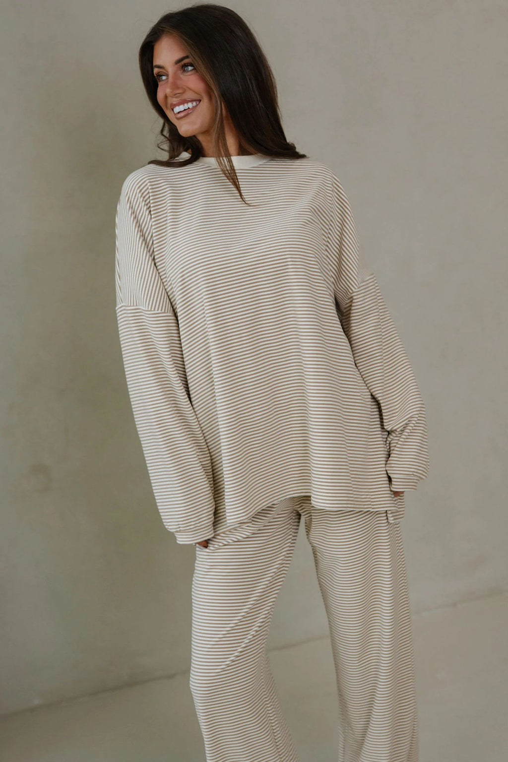 Pink Striped Drop Shoulder Long Sleeve Pant Set