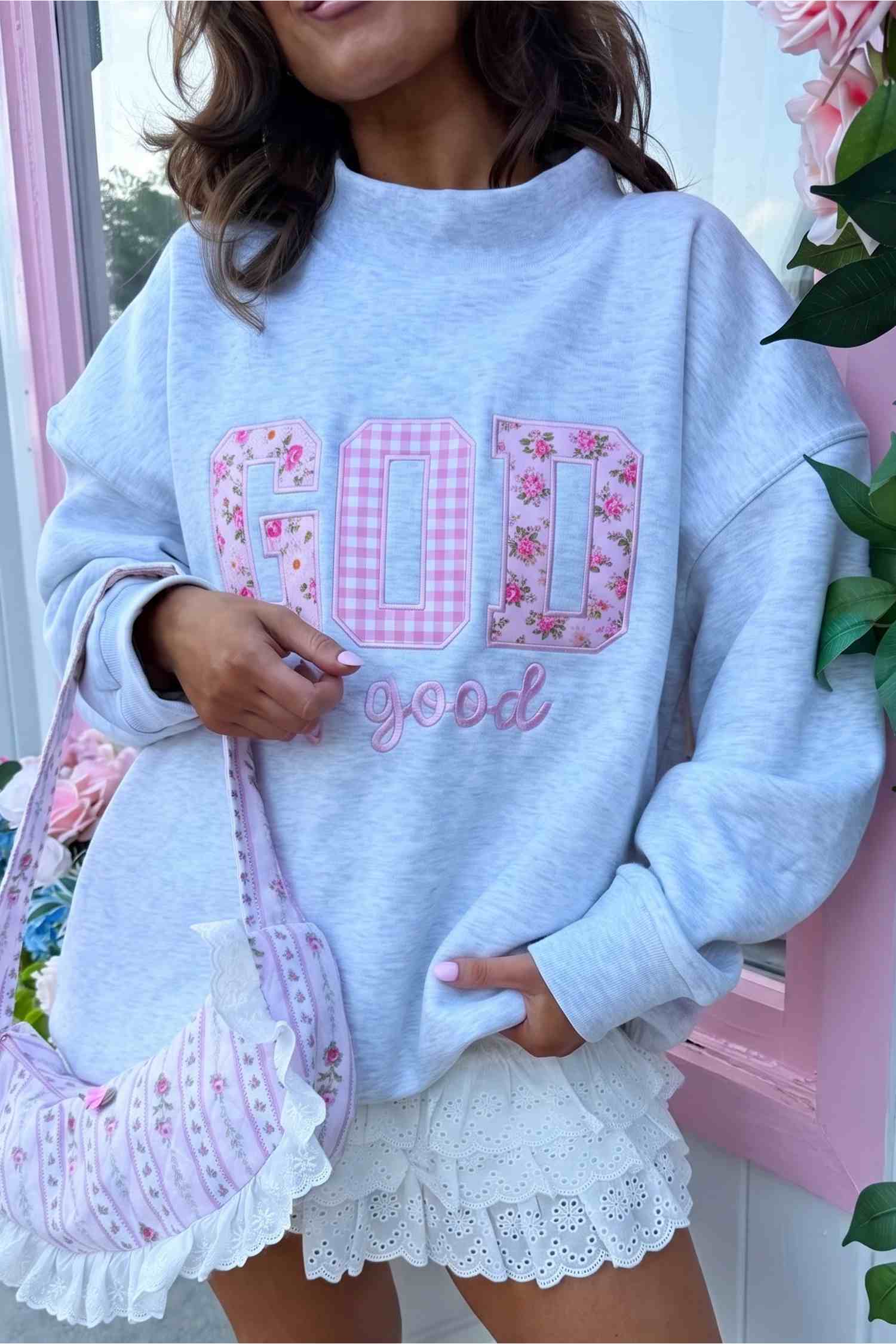 Light Grey GOD IS GOOD Letter Print Crewneck Pullover Sweatshirt