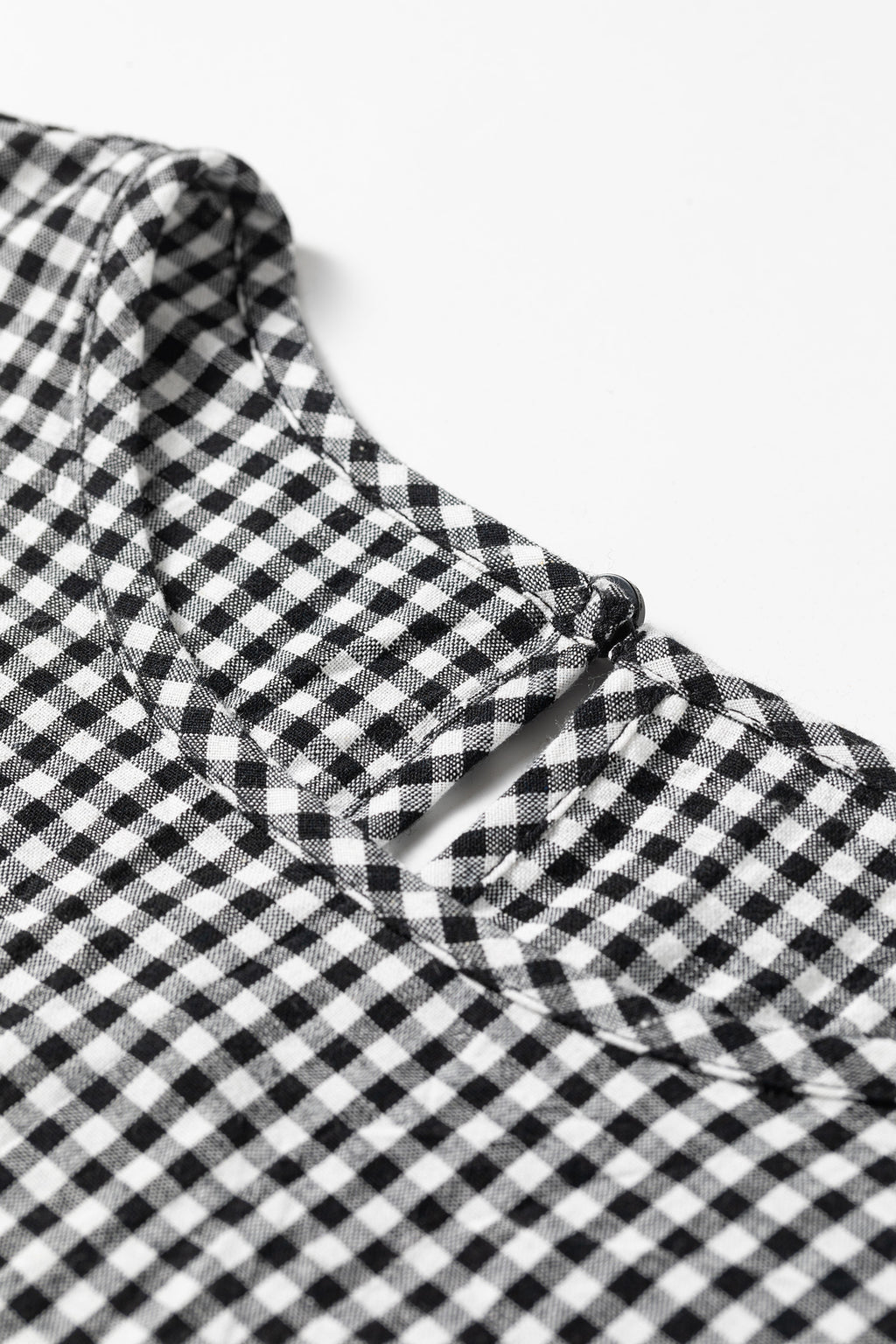 Black Plaid Shirred Cuff Long Sleeve Round Neck Blouse