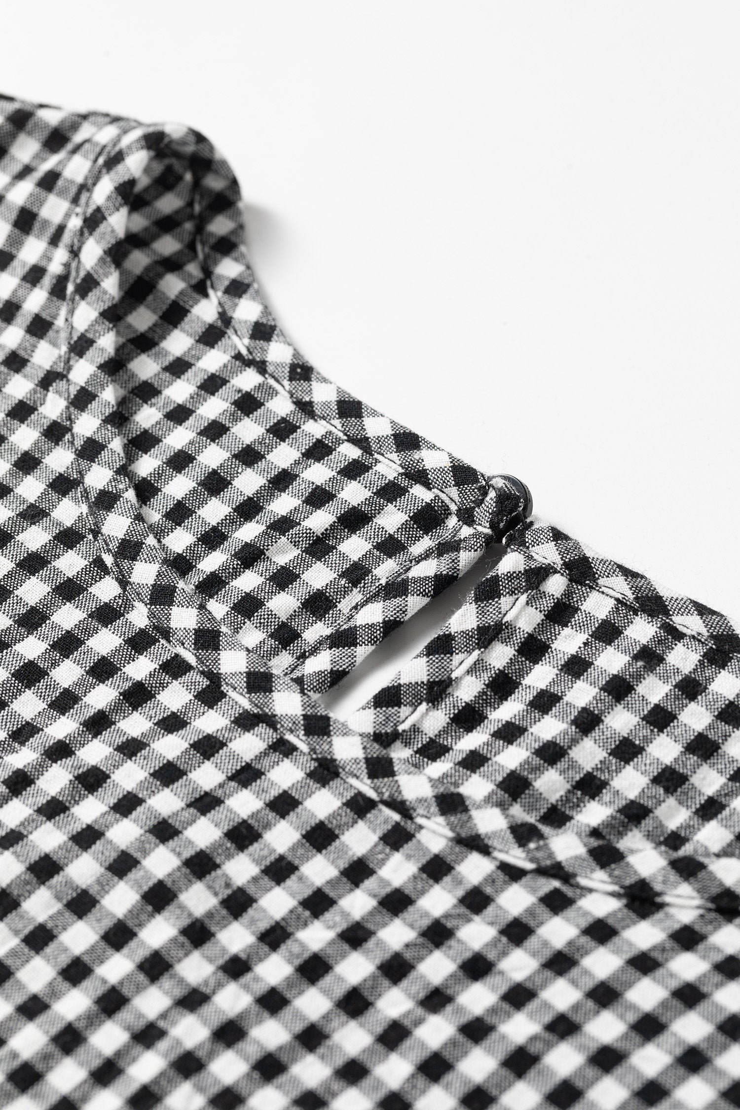 Black Plaid Shirred Cuff Long Sleeve Round Neck Blouse