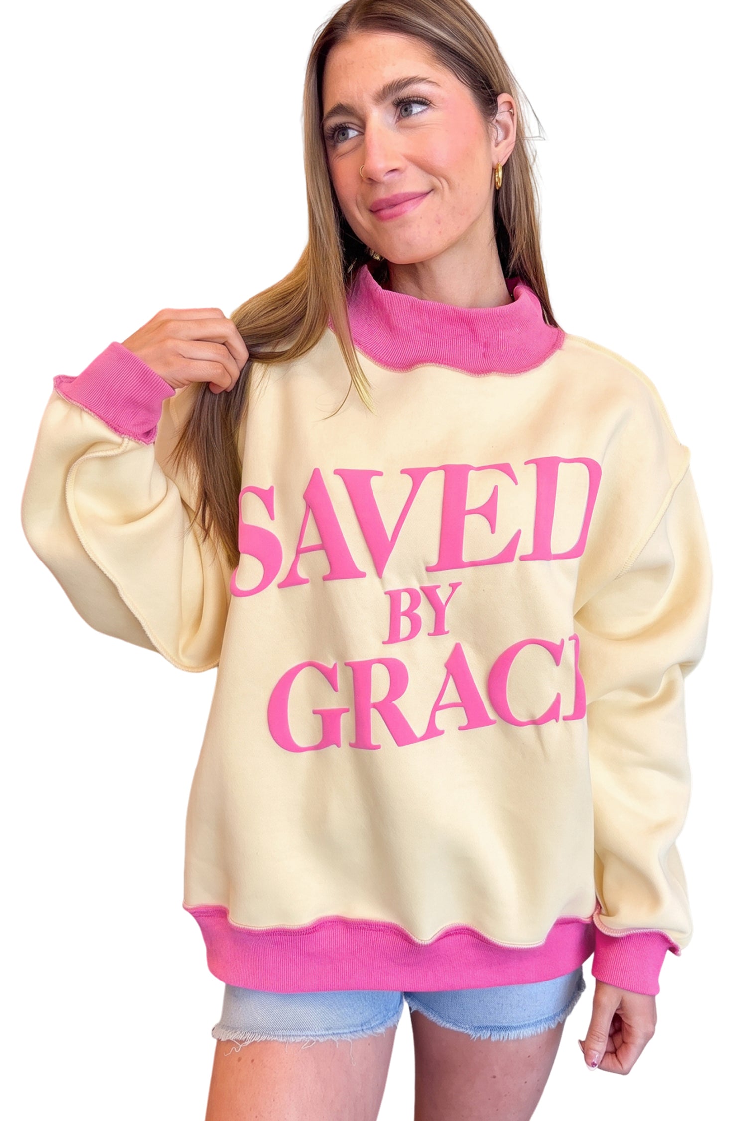 Beige Saved By Grace Print Color Block Mock Neck Oversized Sweatshirt