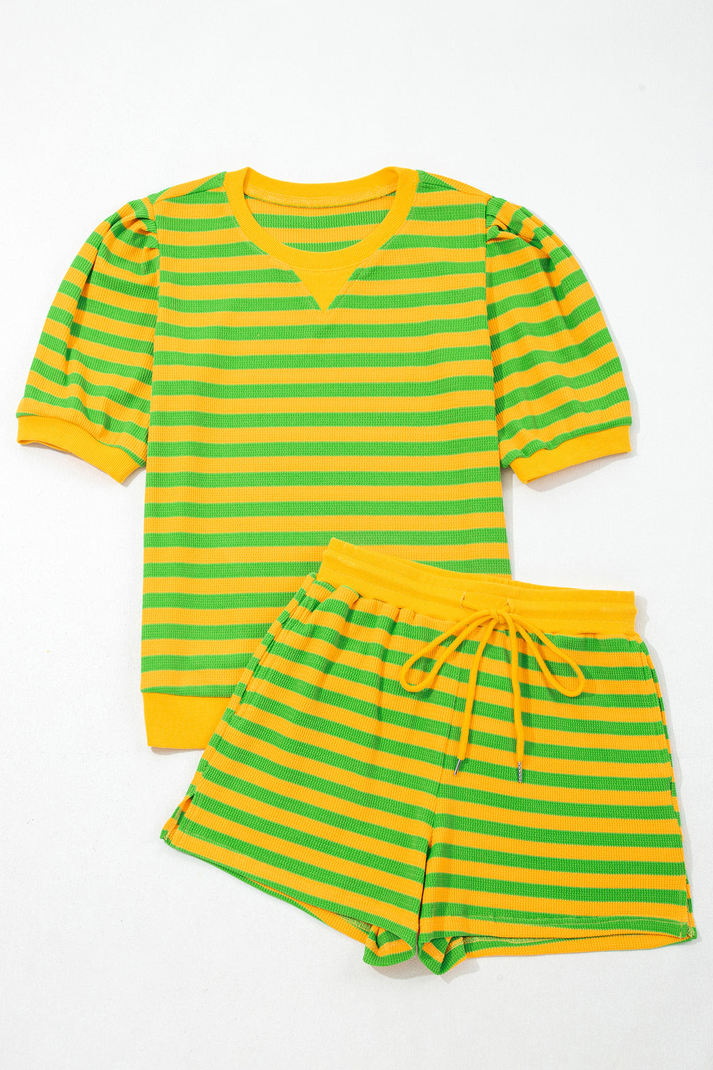 Green Stripe Puff Short Sleeve T Shirt Matching Shorts Set