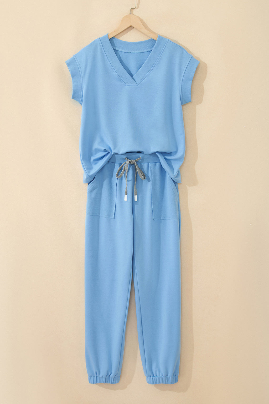 Mint Green Solid Color V Neck Tee Drawstring Pant Set