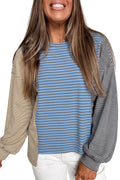 Sky Blue Stripe Color Block Contrast Long Sleeve Round Neck Casual Shift Pullover