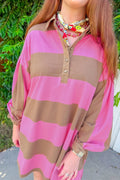 Rose Stripe Striped Button Long Sleeve Short Shift Dress
