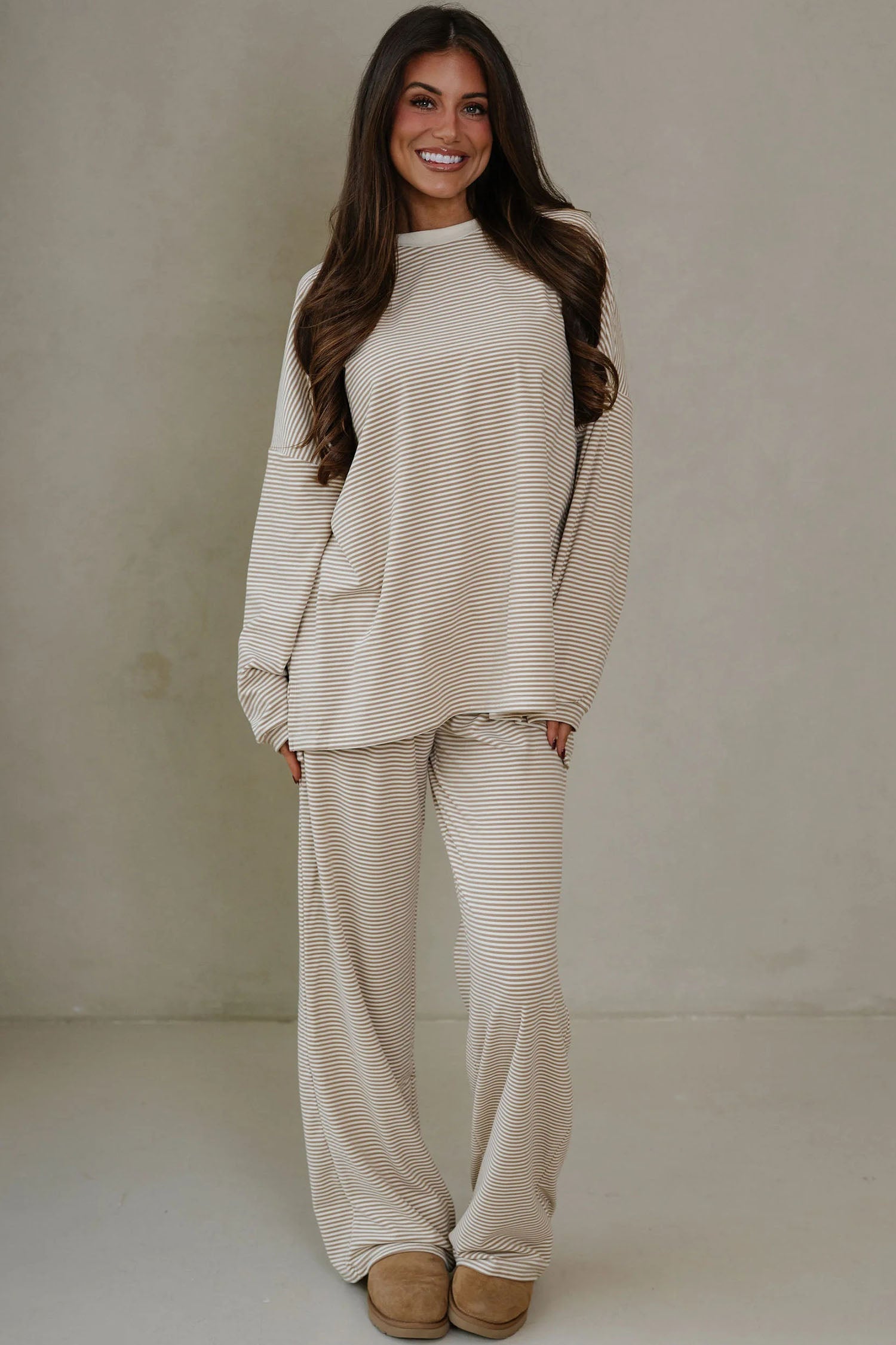 Pink Striped Drop Shoulder Long Sleeve Pant Set