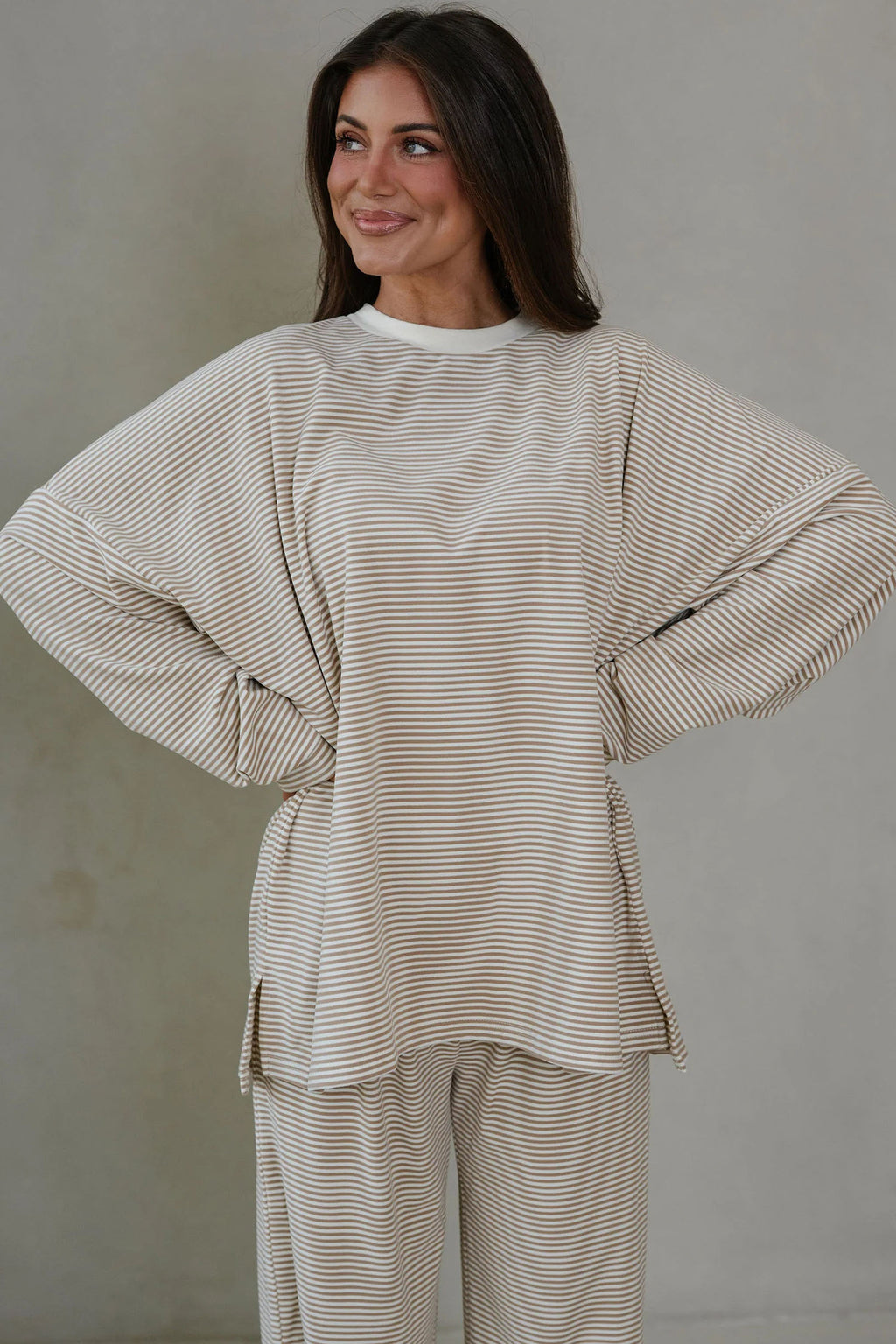 Pink Striped Drop Shoulder Long Sleeve Pant Set