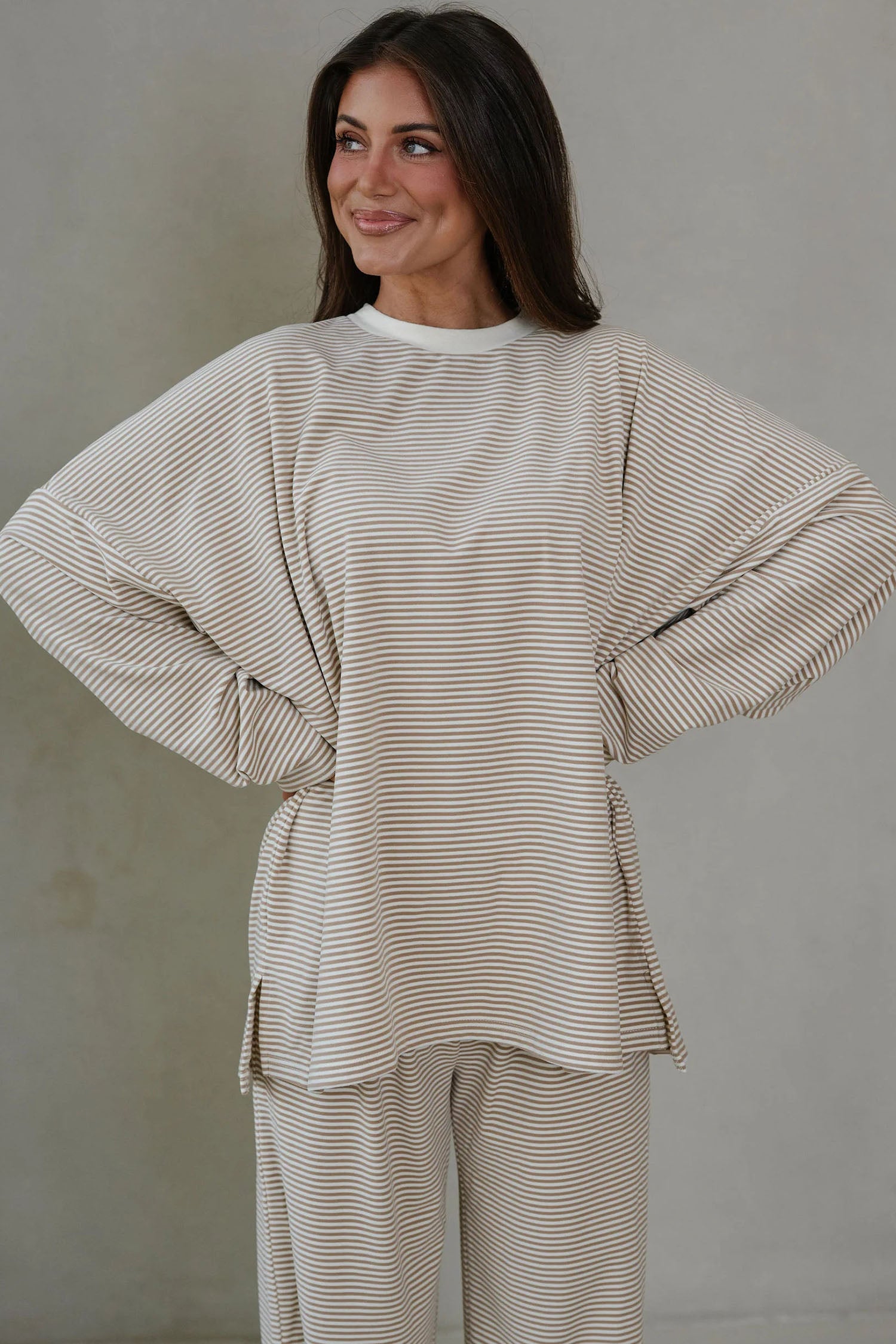 Pink Striped Drop Shoulder Long Sleeve Pant Set